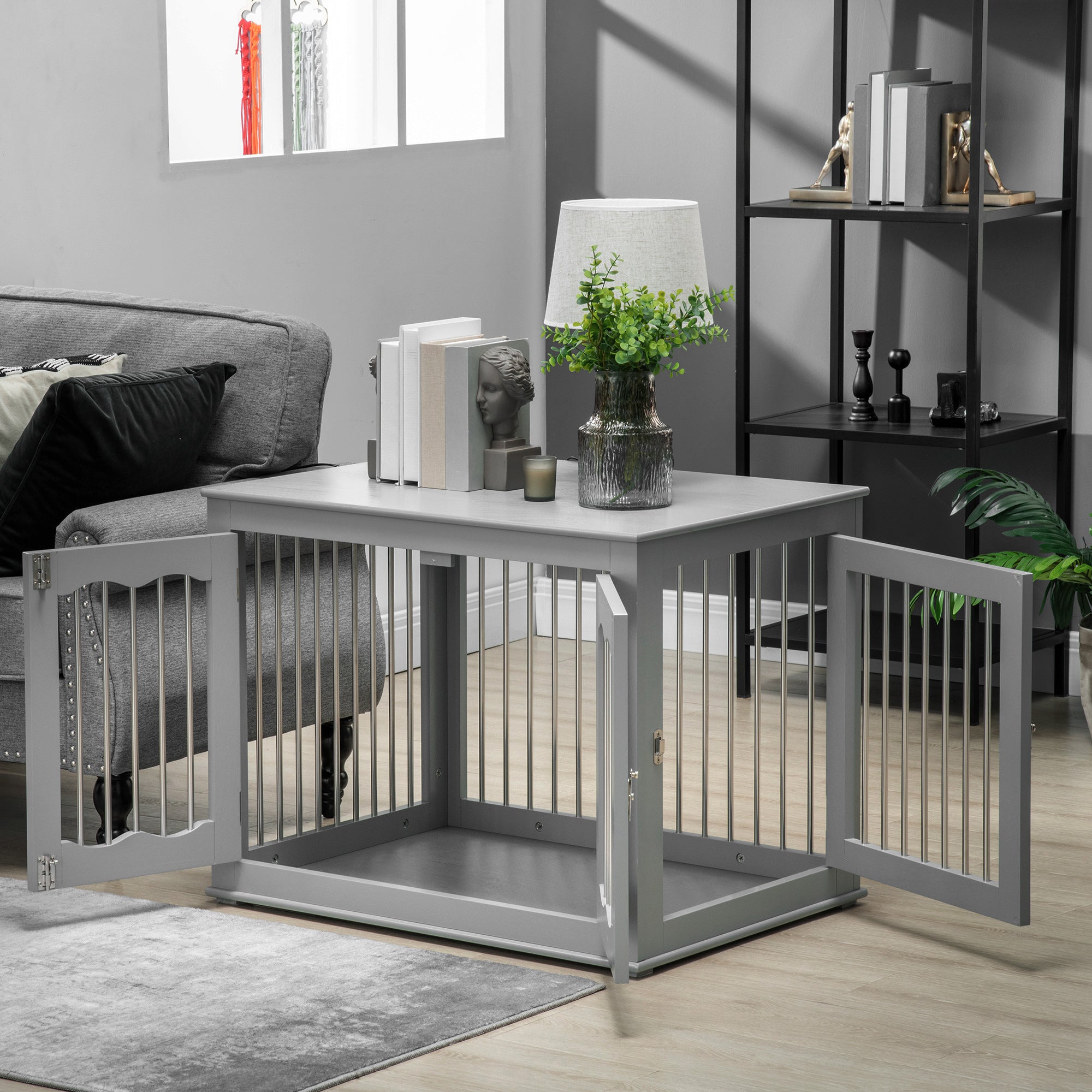 PawHut Dog Crate Furniture, Dog Kennel with Three Doors, Locks and Latches, Indoor Use, for Medium Dogs, Grey