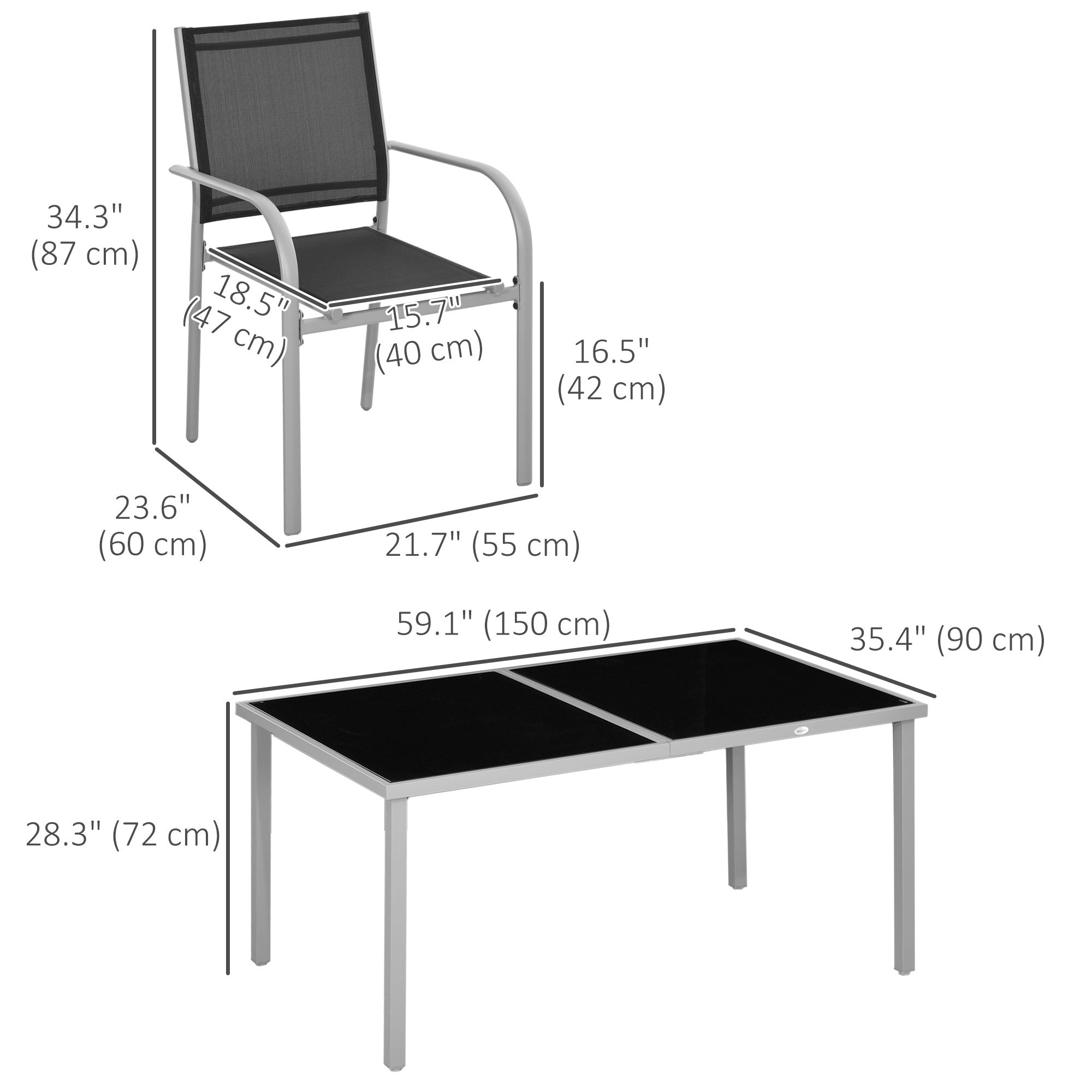 Outsunny 7 Piece Outdoor Patio Dining Set with Table and 6 Stackable Chairs, Steel Frame, Tempered Glass Top, Mesh Seats, Black
