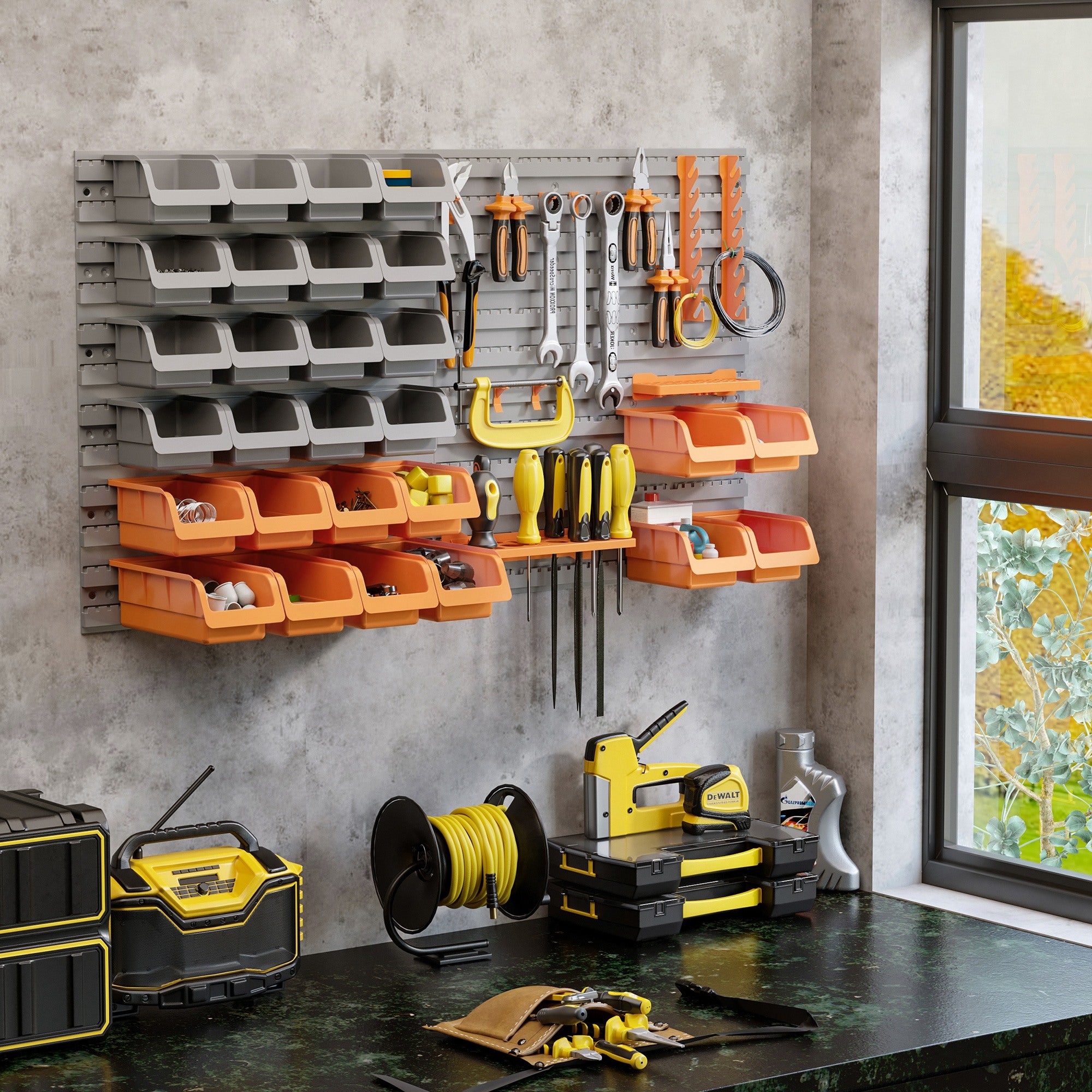 DURHAND 44PC Wall Mounted Storage Bins Parts Rack Kit with Storage Bins, Pegboard and Hooks, Garage Plastic Organizer, Orange