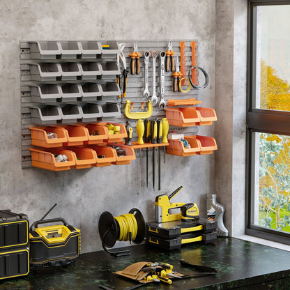 DURHAND 44PC Wall Mounted Storage Bins Parts Rack Kit with Storage Bins, Pegboard and Hooks, Garage Plastic Organizer, Orange
