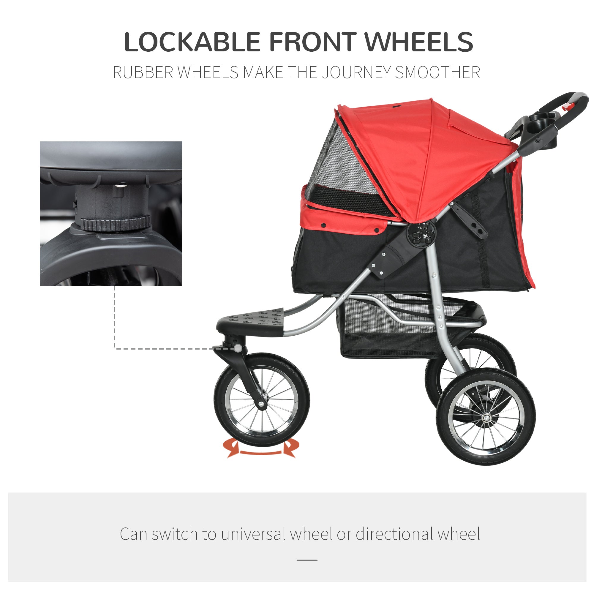 PawHut Luxury Pet Stroller Lightweight Dog Cat Travel Carriage with 3-Rubber Wheels, One-click Folding Design, Adjustable Canopy, Zippered Mesh Window Door, Red