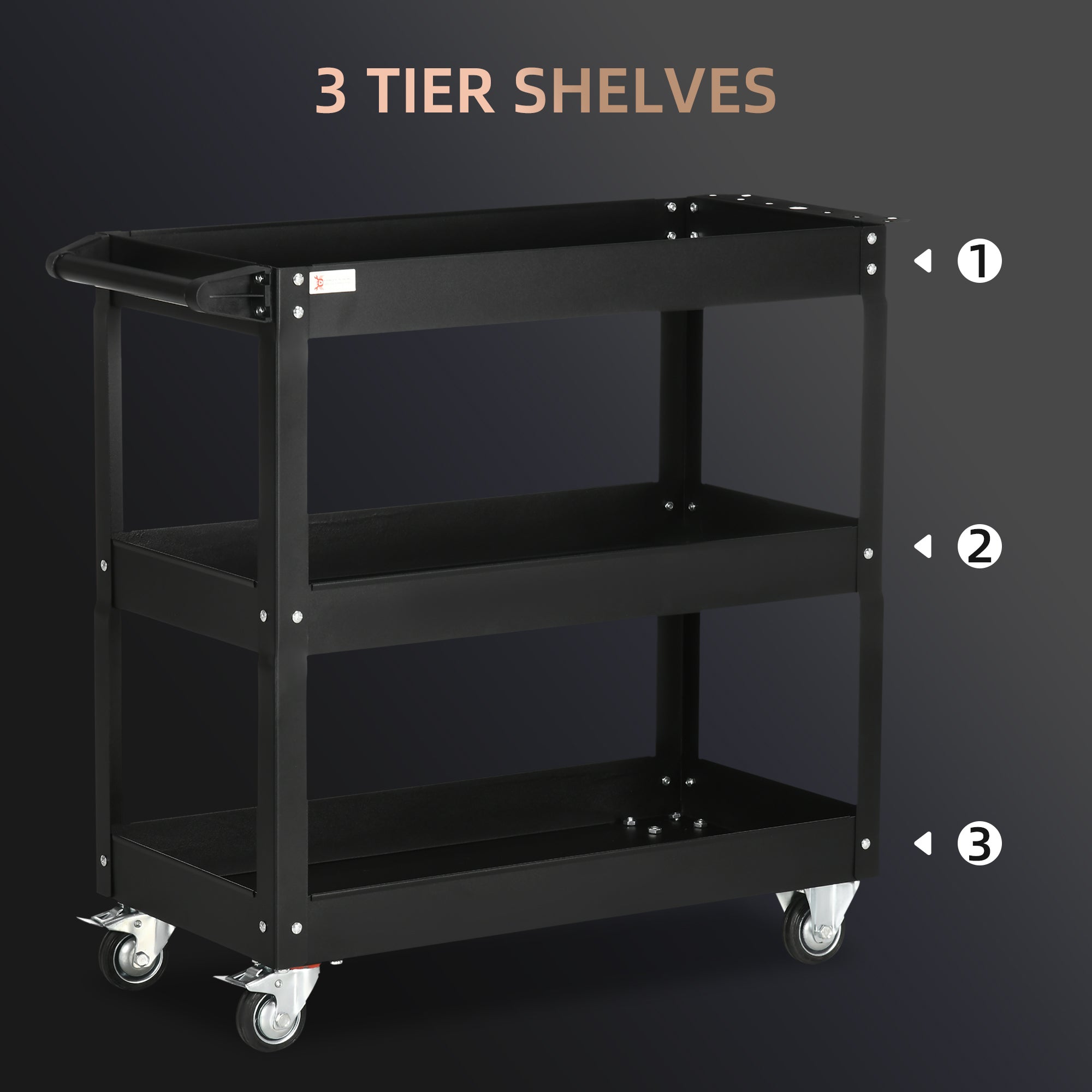 DURHAND 3 Tier Rolling Tool Cart with Wheels, 330 LBS Capacity Heavy Duty Utility Cart, Steel Mobile Service Cart for Garage, Mechanics and Warehouse, Black