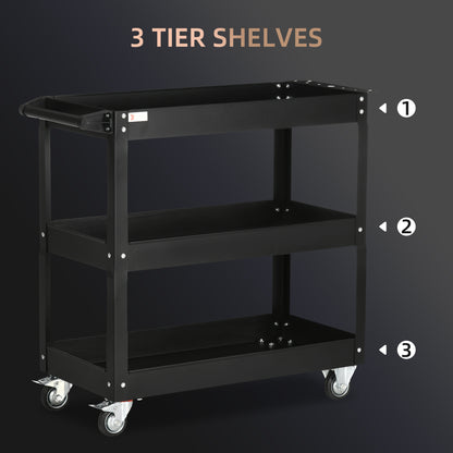 DURHAND 3 Tier Rolling Tool Cart with Wheels, 330 LBS Capacity Heavy Duty Utility Cart, Steel Mobile Service Cart for Garage, Mechanics and Warehouse, Black
