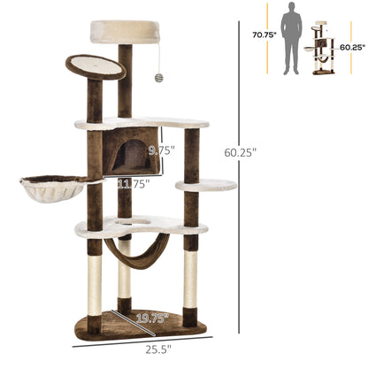 PawHut 60" Cat Scratching Tree, Cat Bed Condo Post House Pet Furniture Toys-Brown & Tan