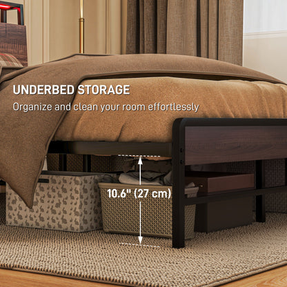 HOMCOM Full Size Bed Frame with LED Lights and Charging Station, Full Bed Frame with Storage Headboard, Noise-Free, Walnut