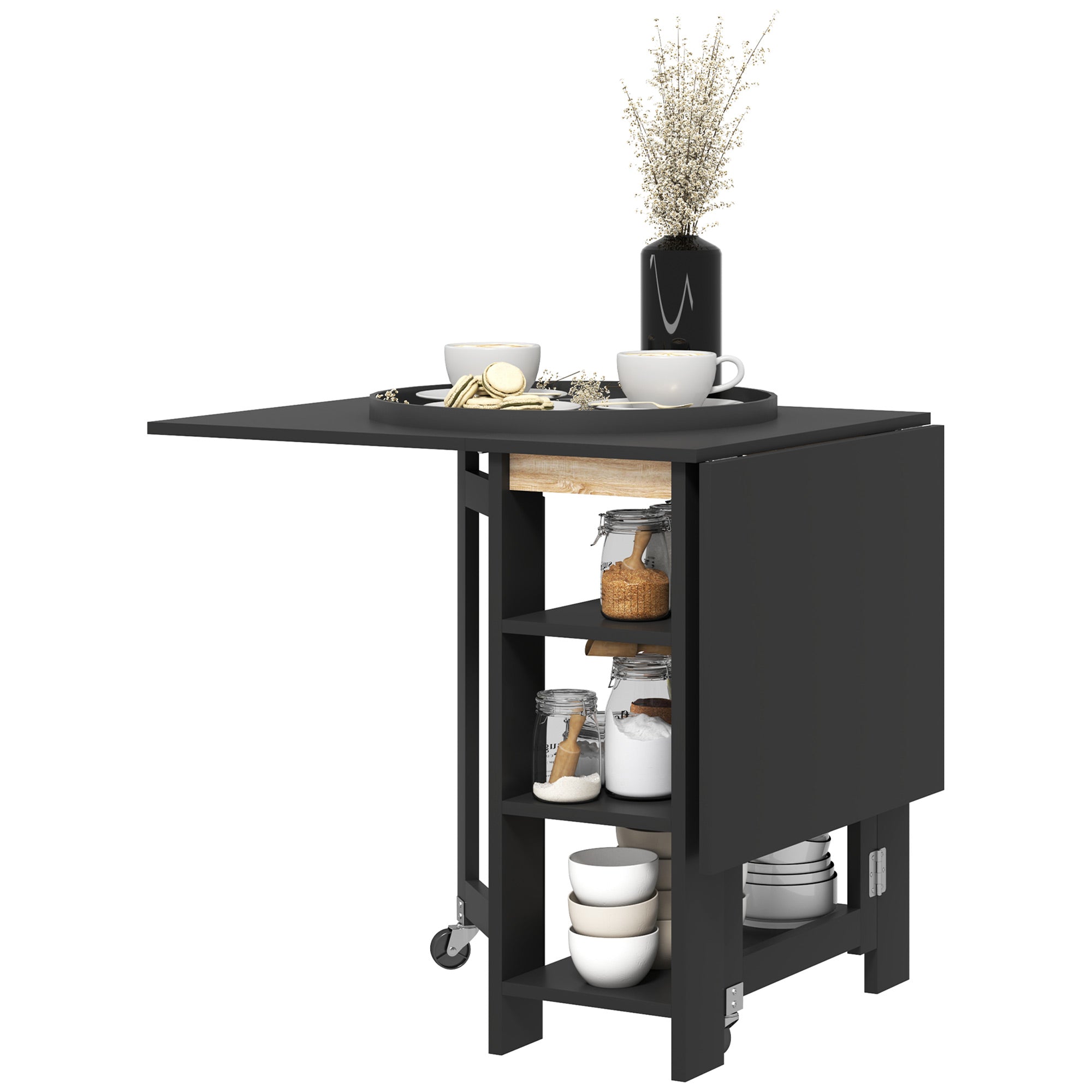 HOMCOM Folding Dining Table with Storage, Drop Leaf Kitchen Table for Small Spaces, Black