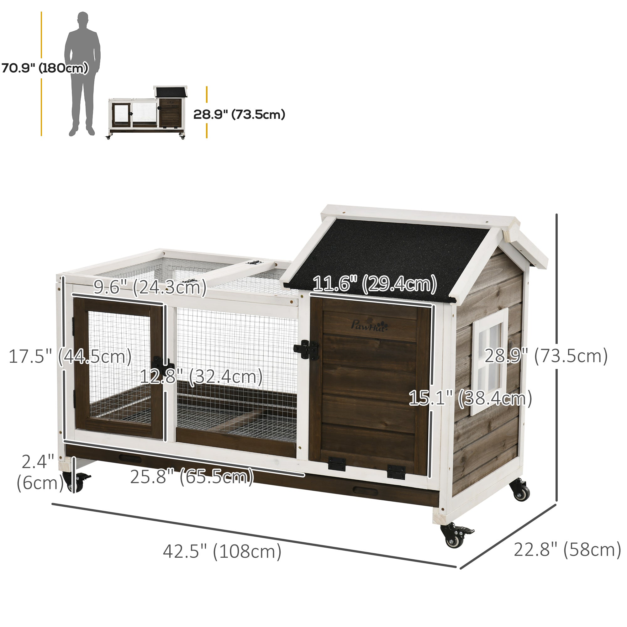 PawHut Rabbit Cage with Wheels, Ramp, Run, Tray for Indoor Outdoor, Suitable for Rabbit, Guinea Pig, Coffee