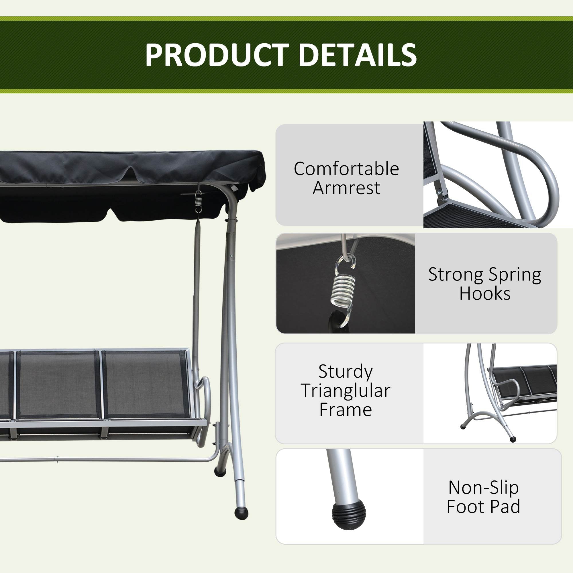 Outsunny 3-Seater Outdoor Swing Chair Bench with Adjustable Canopy, Black