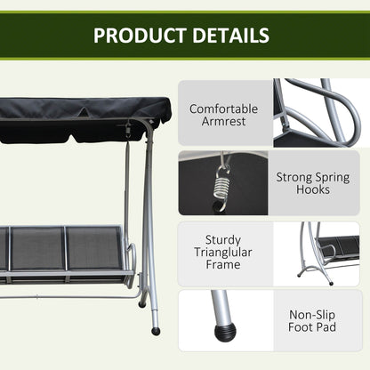 Outsunny 3-Seater Outdoor Swing Chair Bench with Adjustable Canopy, Black