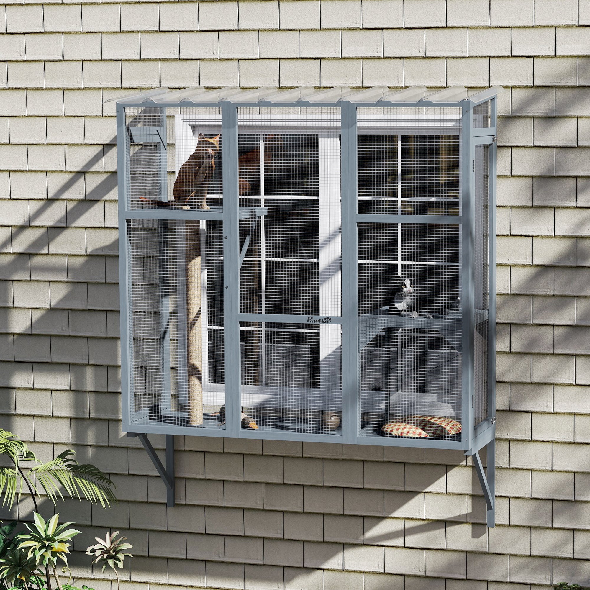 PawHut Wooden Catio Outdoor, Cat Window Box Enclosure for 2-3 Large Cats with 2 Jumping Platforms & Scratching Post, Grey