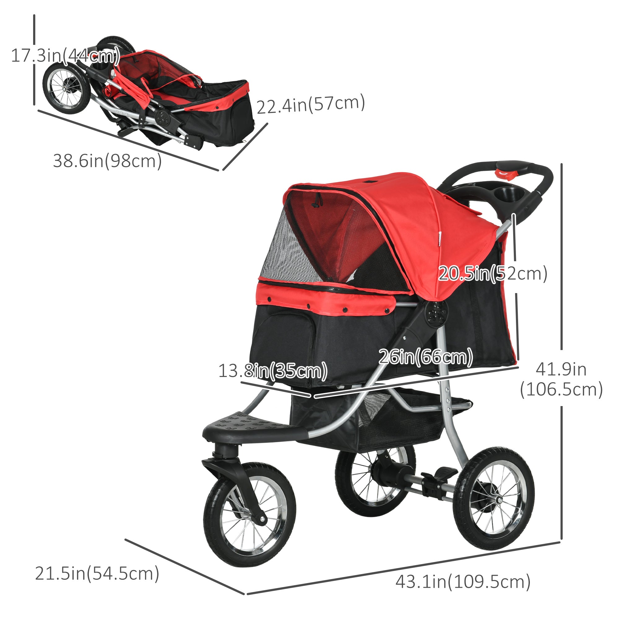 PawHut Luxury Pet Stroller Lightweight Dog Cat Travel Carriage with 3-Rubber Wheels, One-click Folding Design, Adjustable Canopy, Zippered Mesh Window Door, Red