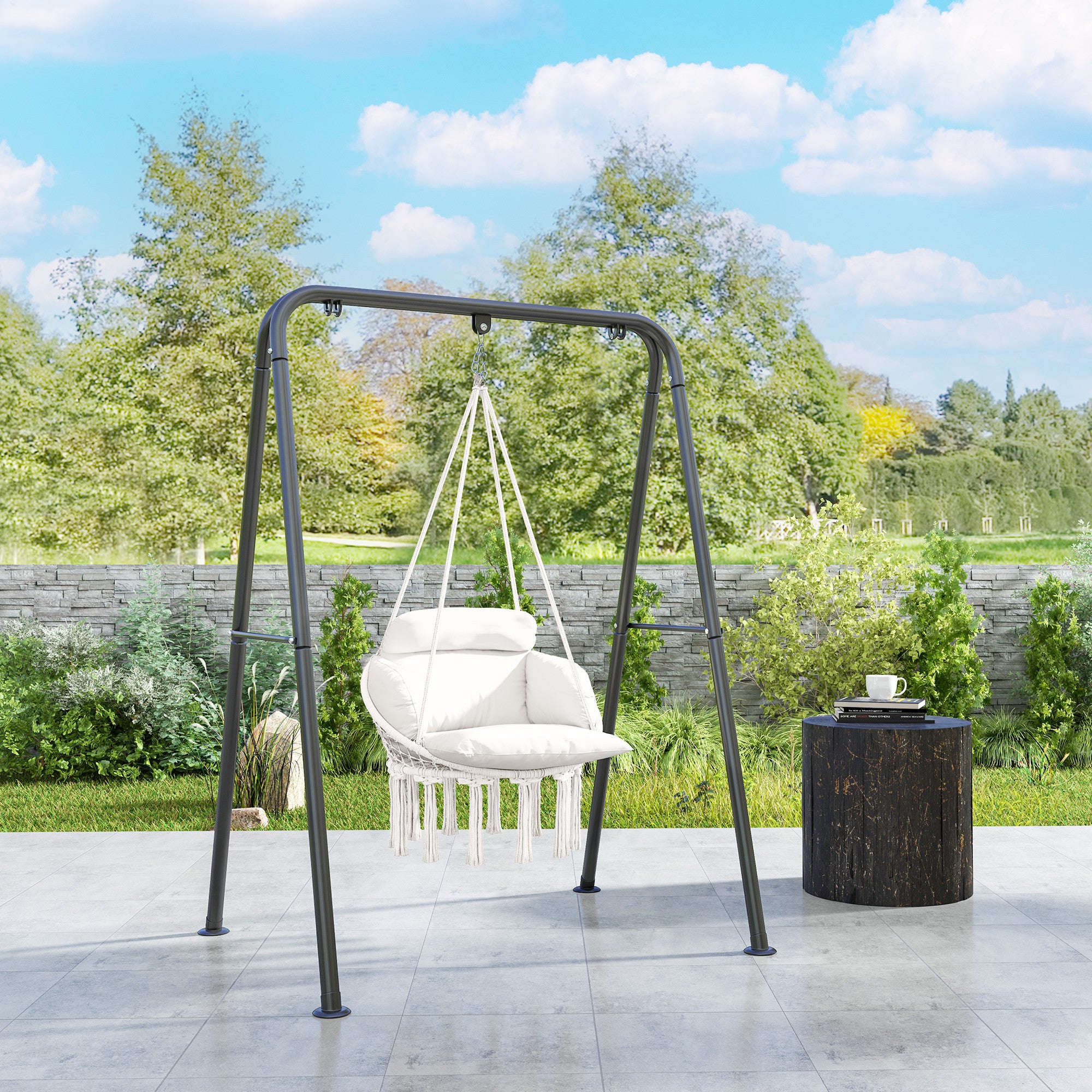 Outsunny Boho Hammock Chair Swing Hanging Chair with Cushion, Chain, Steel Frame for Indoor Outdoor Bedroom Patio Balcony, Cream