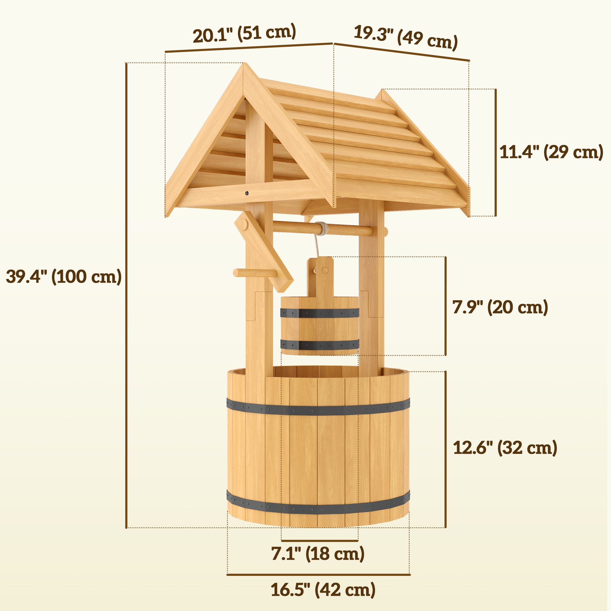 Outsunny Wood Wishing Well Outdoor Wooden Planter with Hanging Bucket and Drainage Hole for Garden, Patio, Backyard, Orange