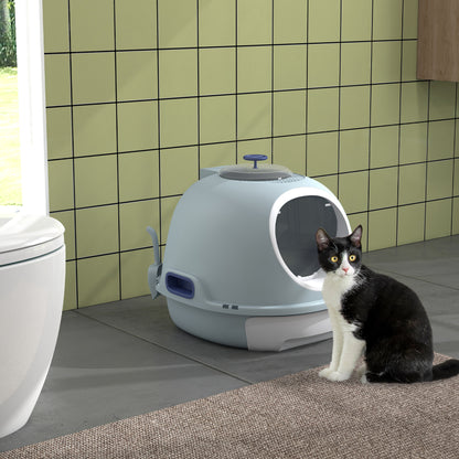 PawHut Cat Litter Box Toilet with Lid, Covered Litter Box with Scoop, Enclosed Drawer and Skylight, Blue