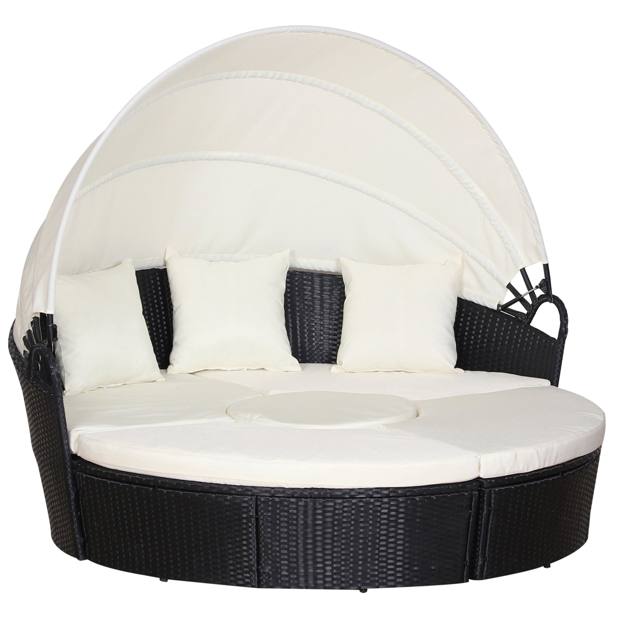 Outsunny 4 Pieces Outdoor Daybed, Patio Lounge Chair with Cushioned Round Sofa Bed, Sectional Patio Conversation Furniture Set with Canopy  & Coffee Table, Black
