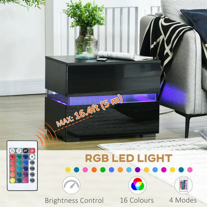 HOMCOM Modern Nightstand, Bedside Table with 2 Drawers, USB Powered RGB LED Lights, Remote for Bedroom, Black