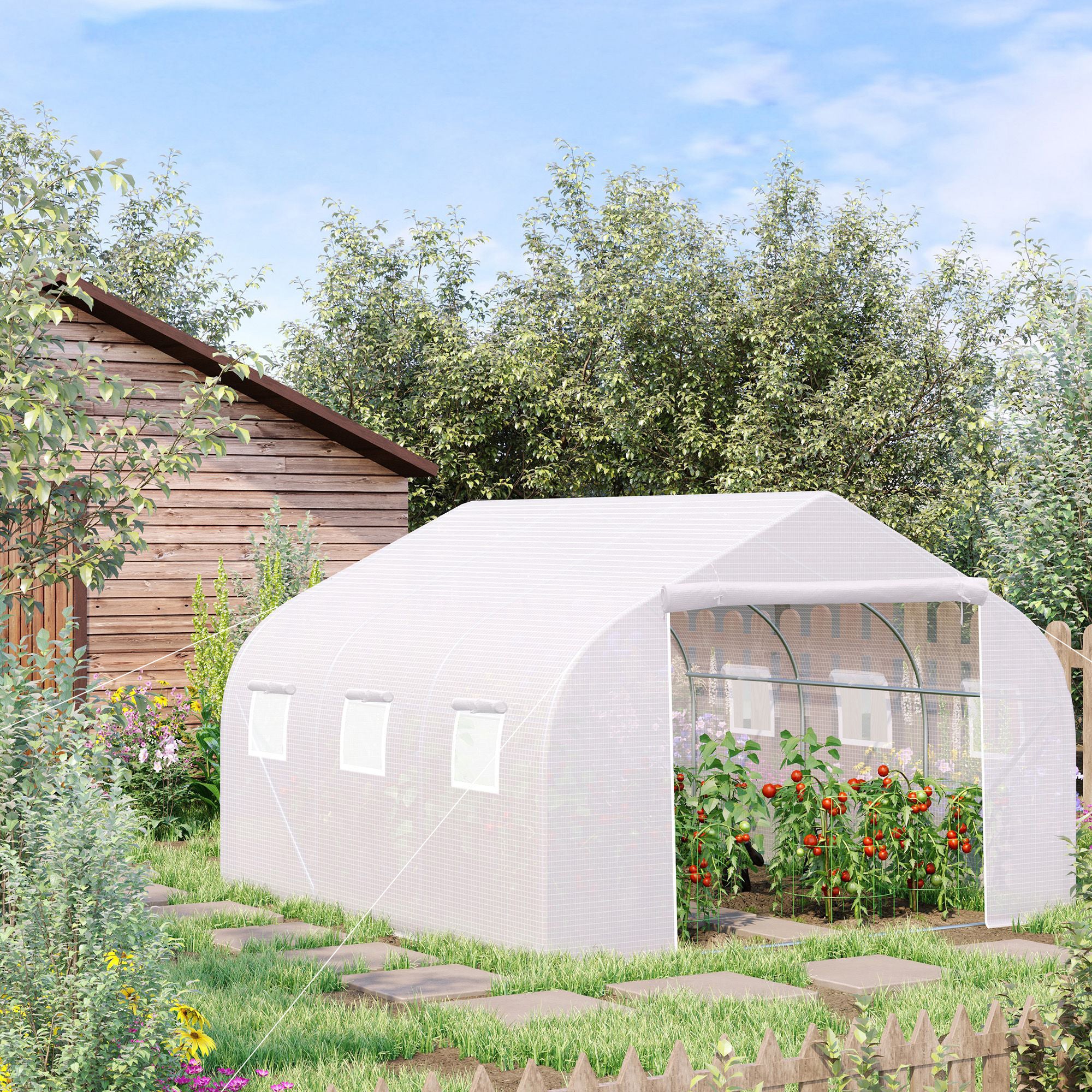 Outsunny 15'x10'x7' Greenhouse Gardening Planting Shed White