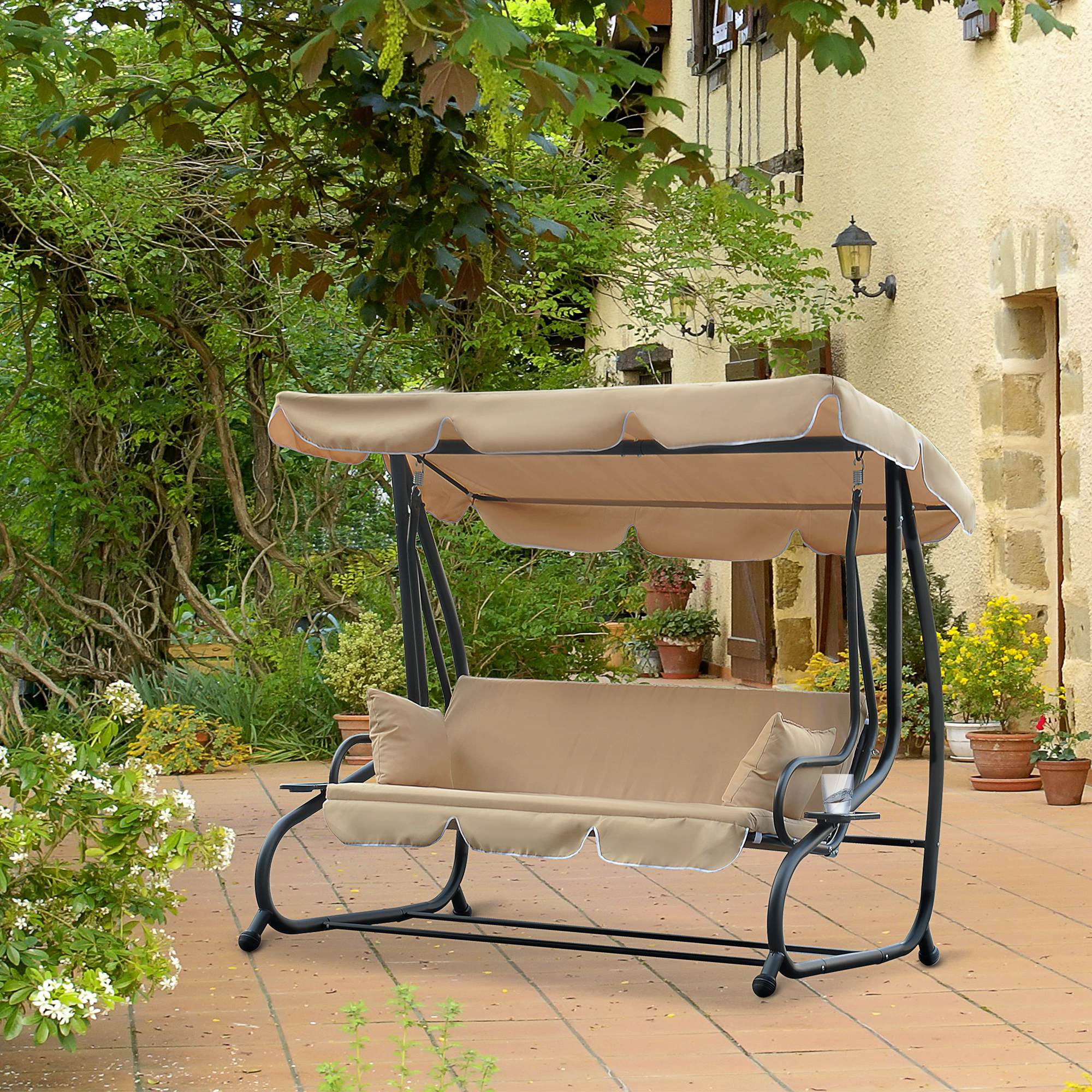 Outsunny 3-Seat Outdoor Patio Swing Chair, Converting Flat Bed, Canopy Swing with Adjustable Shade, Removable Cushions, Cup Holder, Beige