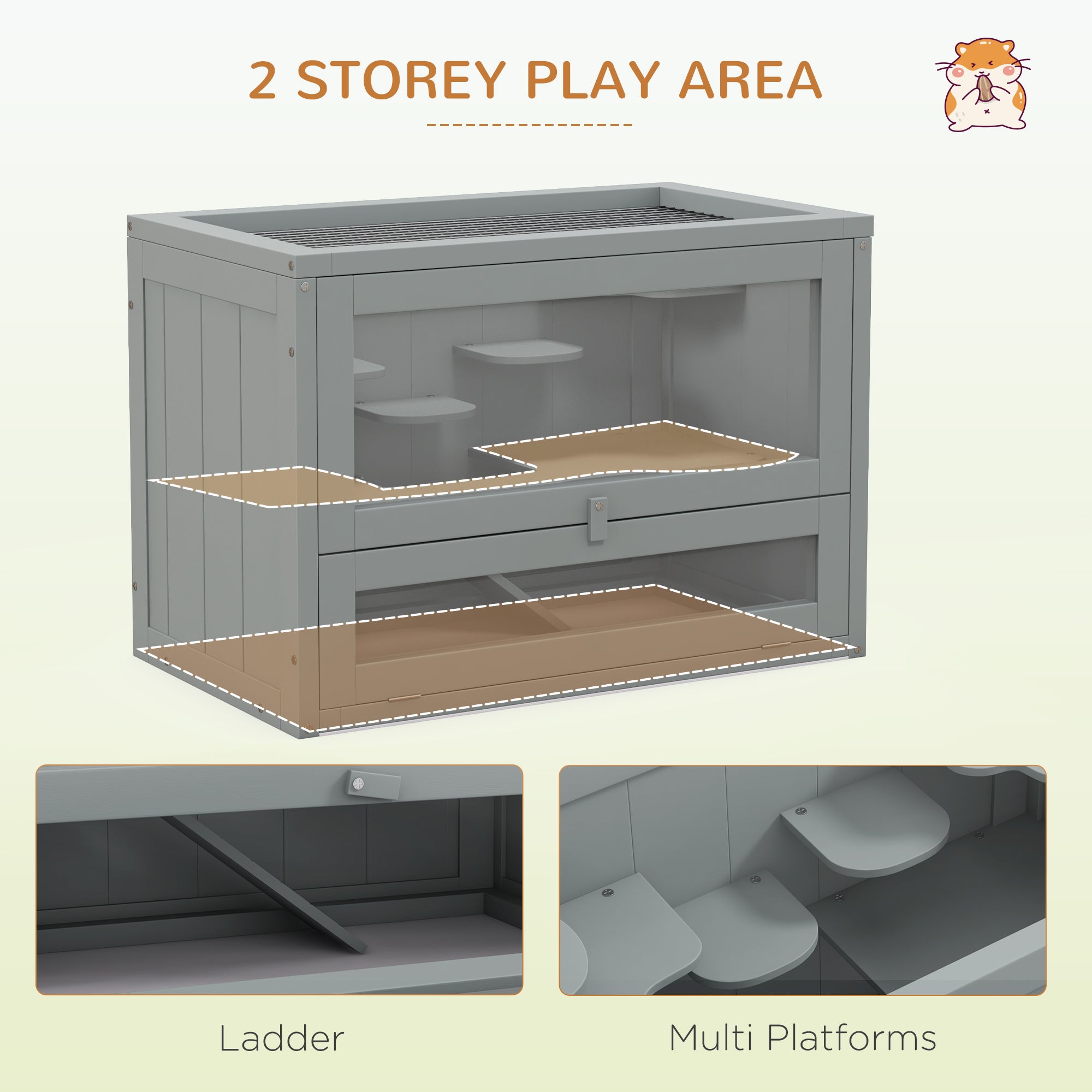 PawHut 24 Inch Hamster Cage, 2 Levels Small Animals Habitat Pet House with Openable Roof, Run Space, Platforms, Grey