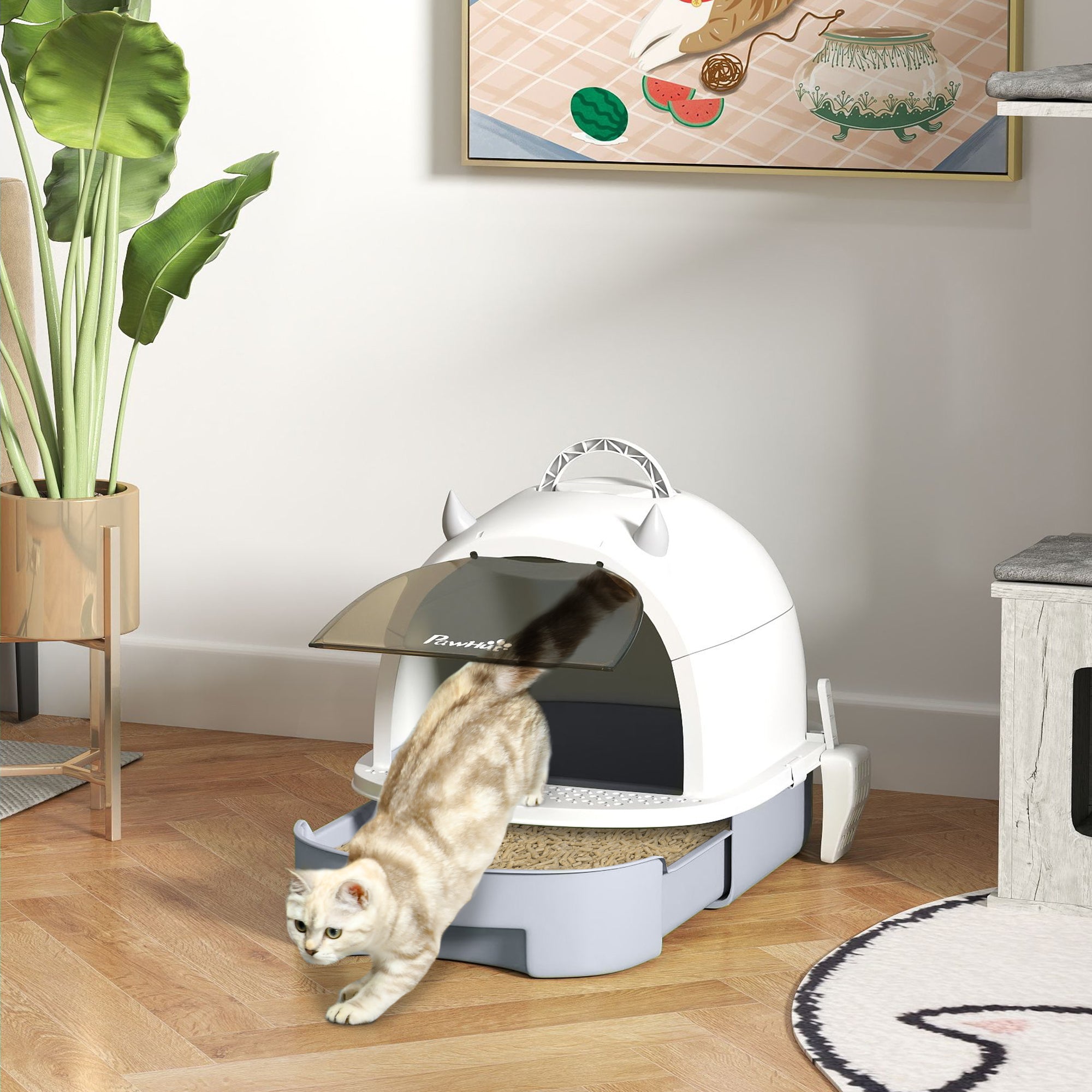 PawHut Cat Litter Box with Lid, Front Door Flap, Scoop, Handle, Easy Clean, for Small and Medium Cats, Grey