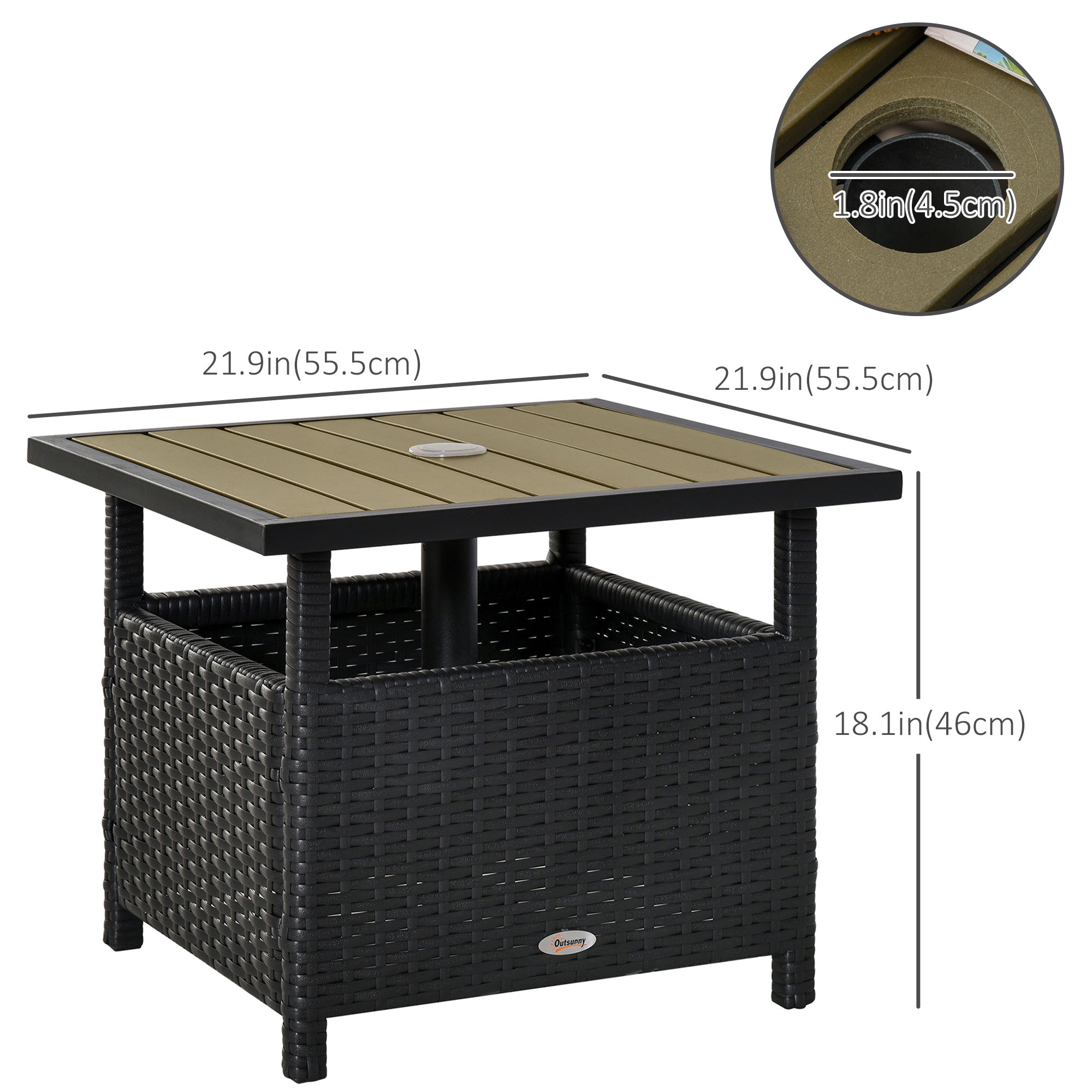 Outsunny 22" Square Steel PE Rattan Wicker Table With Umbrella Hole, Outdoor Patio Accent Dining Side Table Used as Umbrella Stand, Black