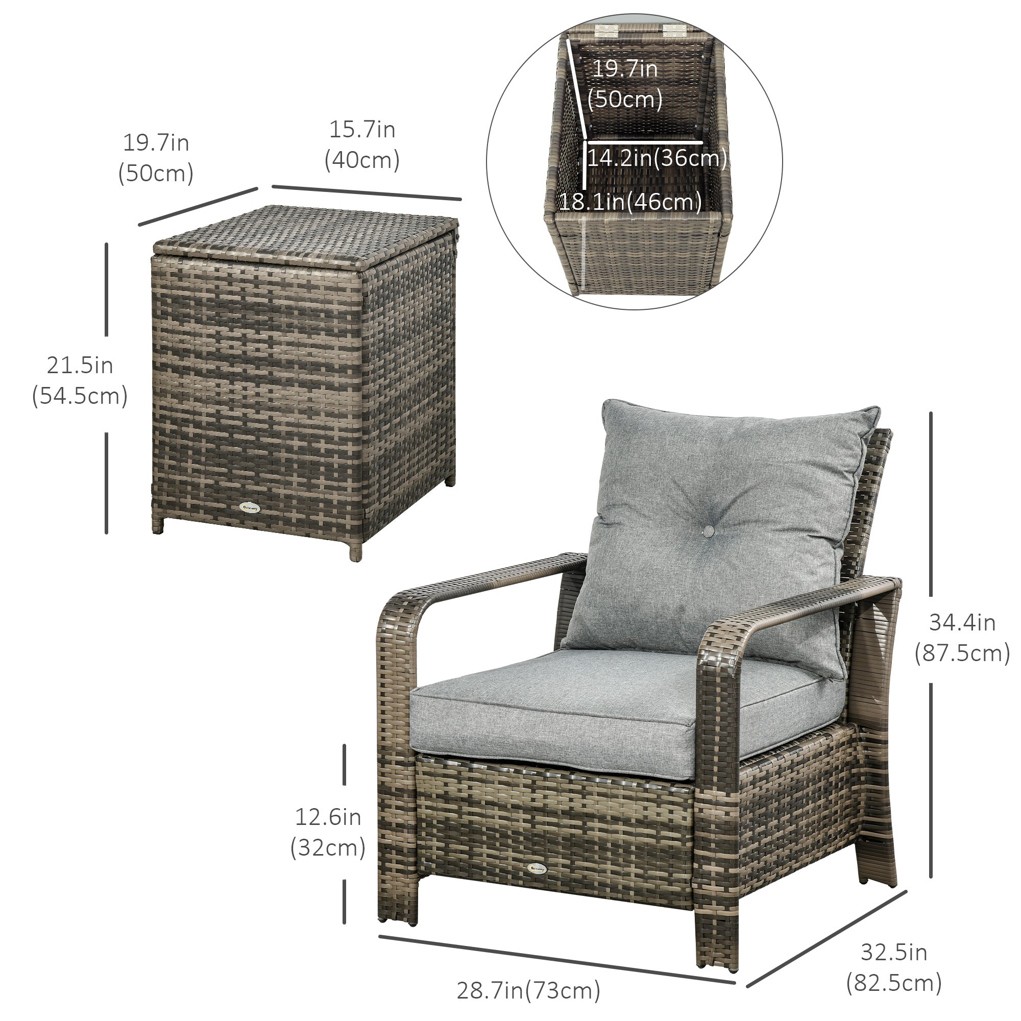 Outsunny 3 Pieces Wicker Patio Furniture Set, Rattan Bistro Set with Storage Coffee Table and Thickened Cushions, Outdoor Conversation Set for Garden, Porch, Balcony, Grey