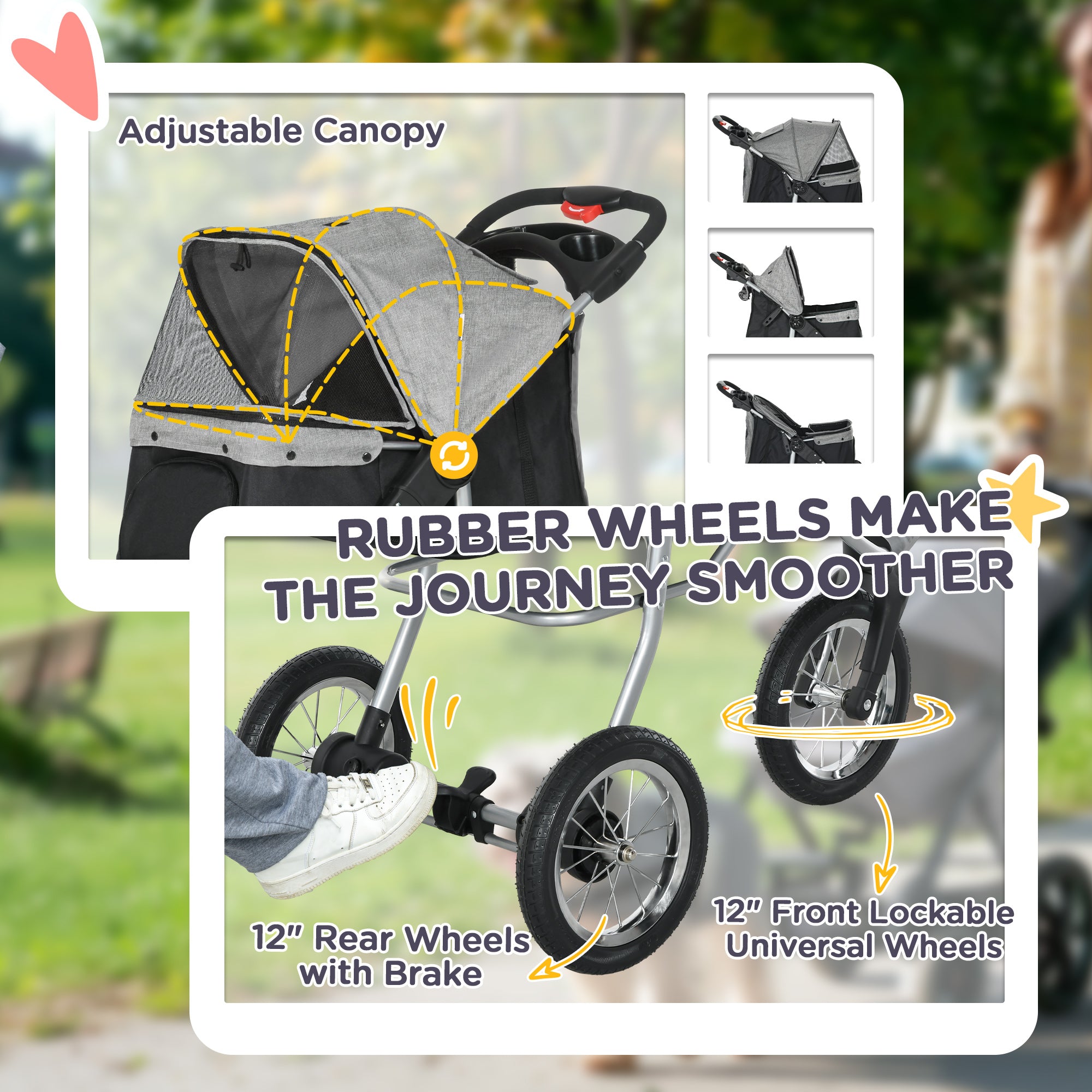 PawHut Pet Stroller with 3 Wheels, One-click Folding Design, Adjustable Canopy, Zippered Mesh Window Door, Grey
