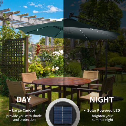 Outsunny 10ft Outdoor Cantilever Umbrella Patio Solor Banana Umbrella with Lights Adjustable Angle for Patio Backyard Dark Green