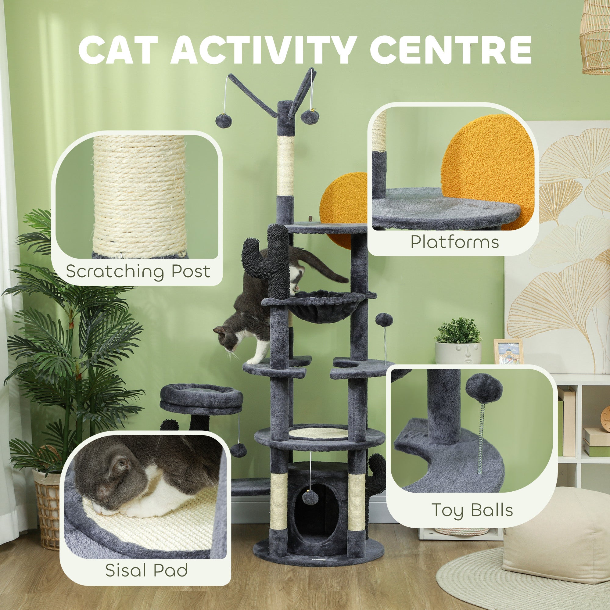 PawHut 71" Cat Tree, Cat Tower with Scratching Posts, Sisal Pad, Cat Condo, Bed, Hammock, Platforms, Toy Balls, Dark Grey