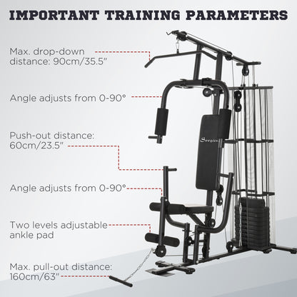Soozier Home Gym, Multifunction Gym Equipment Workout Station with 100Lbs Weight Stack for Lat Pulldown, Leg Extensions, Preacher Bicep Curls, Triceps Pulldowns, Chest Press, Black