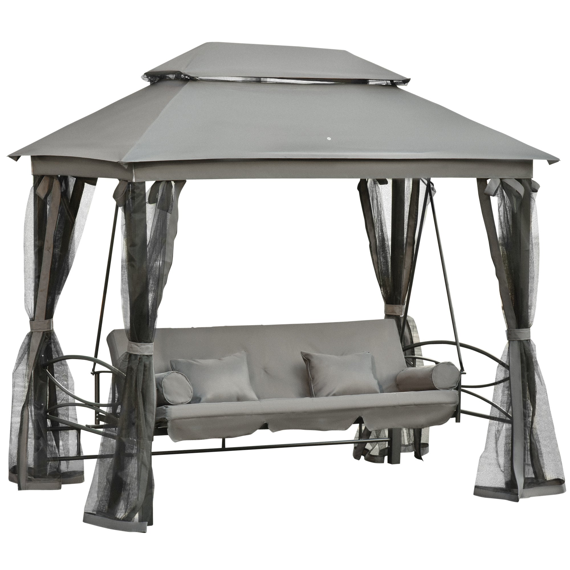 Outsunny 3 Person Outdoor Patio Daybed, 3 in 1 Canopy Gazebo Swing Chair Garden Hammock with Sun Shade, Mesh Mosquito and Net, Dark Grey