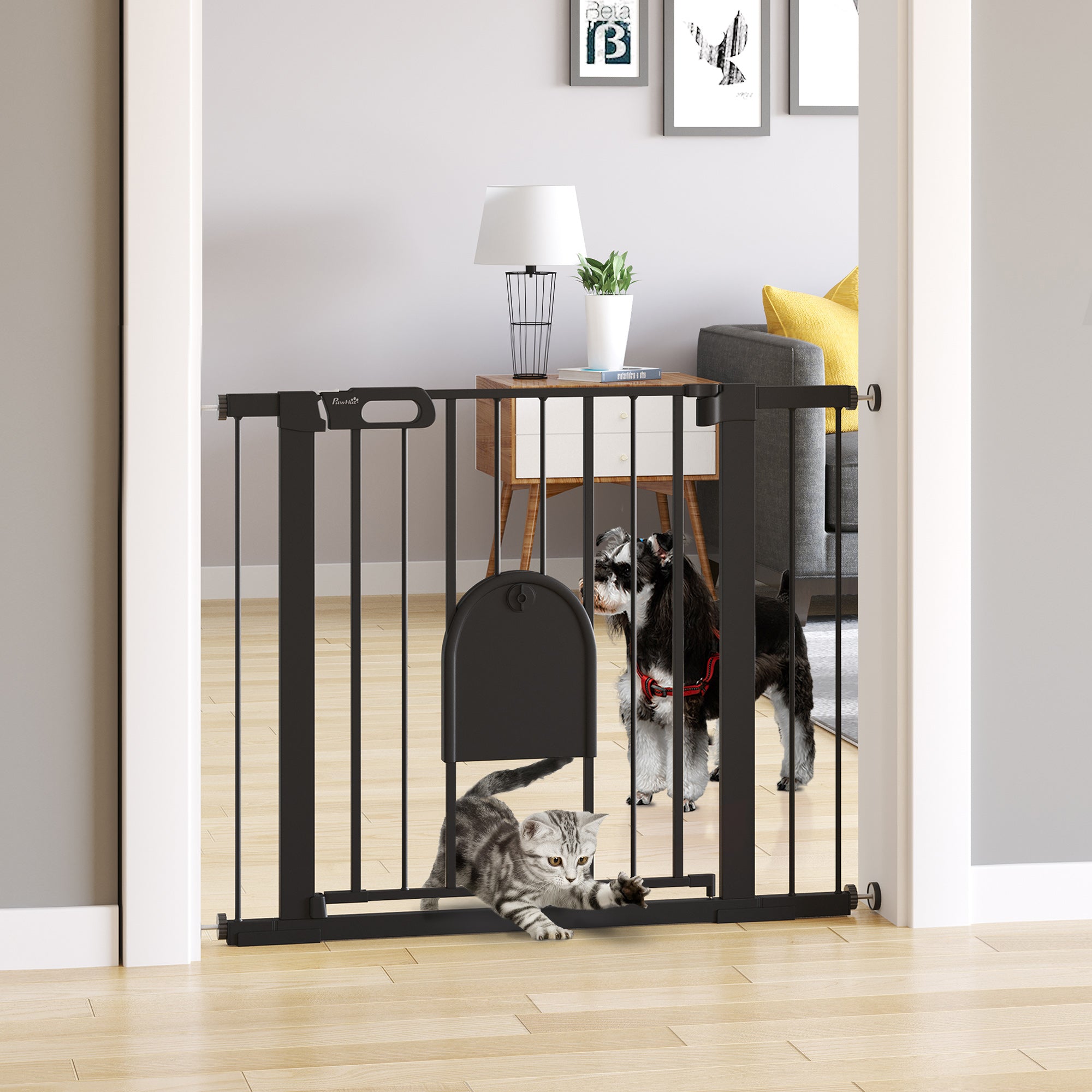 PawHut 30"-41" Extra Wide Pet Gate Barrier with Small Door, 30"H Dog Gate with Safety Gate Barrier, Stair Pressure Fit, Black