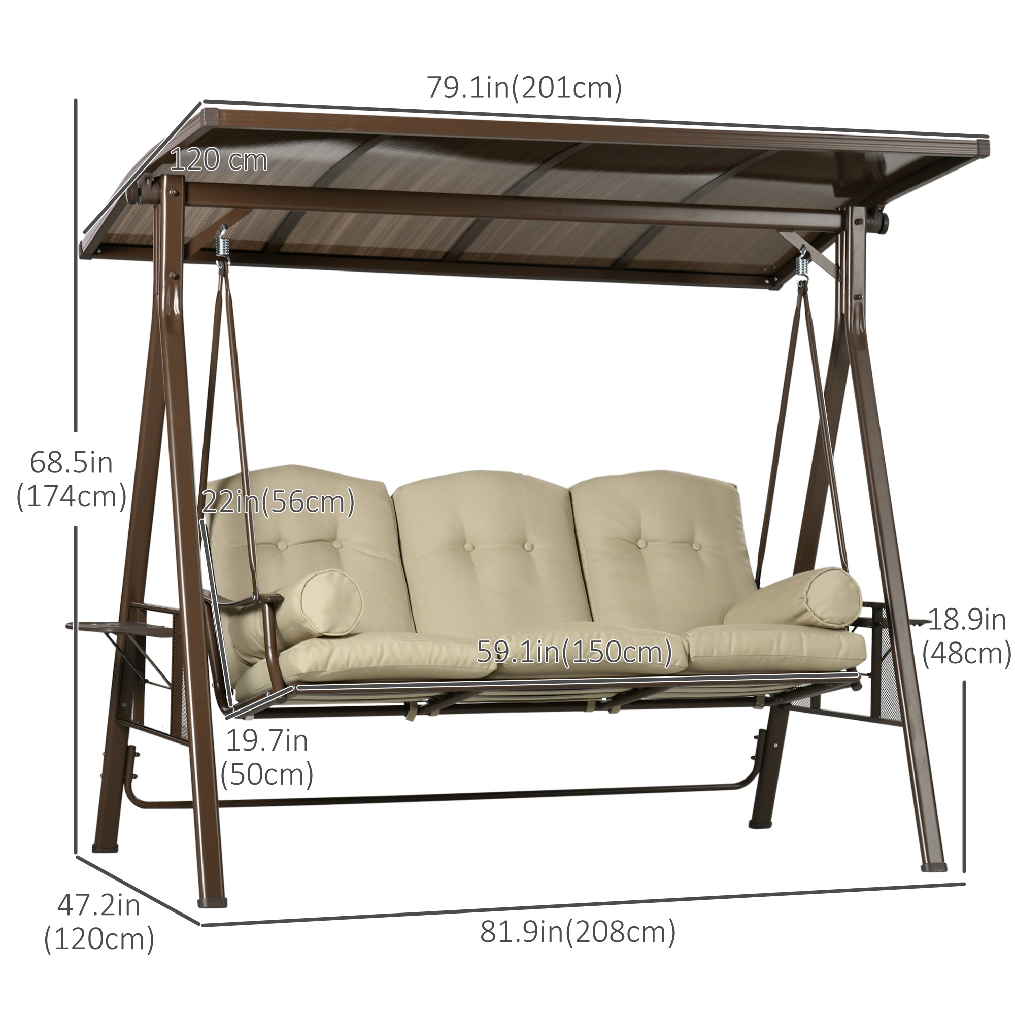 Outsunny 3-Seat Patio Swing Chair, Outdoor Canopy Swing Glider with Cushion, Pillows and Adjustable Polycarbonate Canopy for Porch, Garden, Poolside, Backyard, Khaki