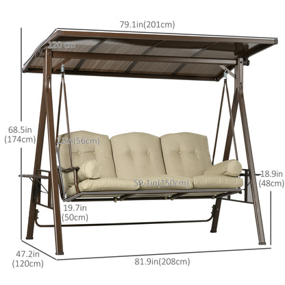 Outsunny 3-Seat Patio Swing Chair, Outdoor Canopy Swing Glider with Cushion, Pillows and Adjustable Polycarbonate Canopy for Porch, Garden, Poolside, Backyard, Khaki