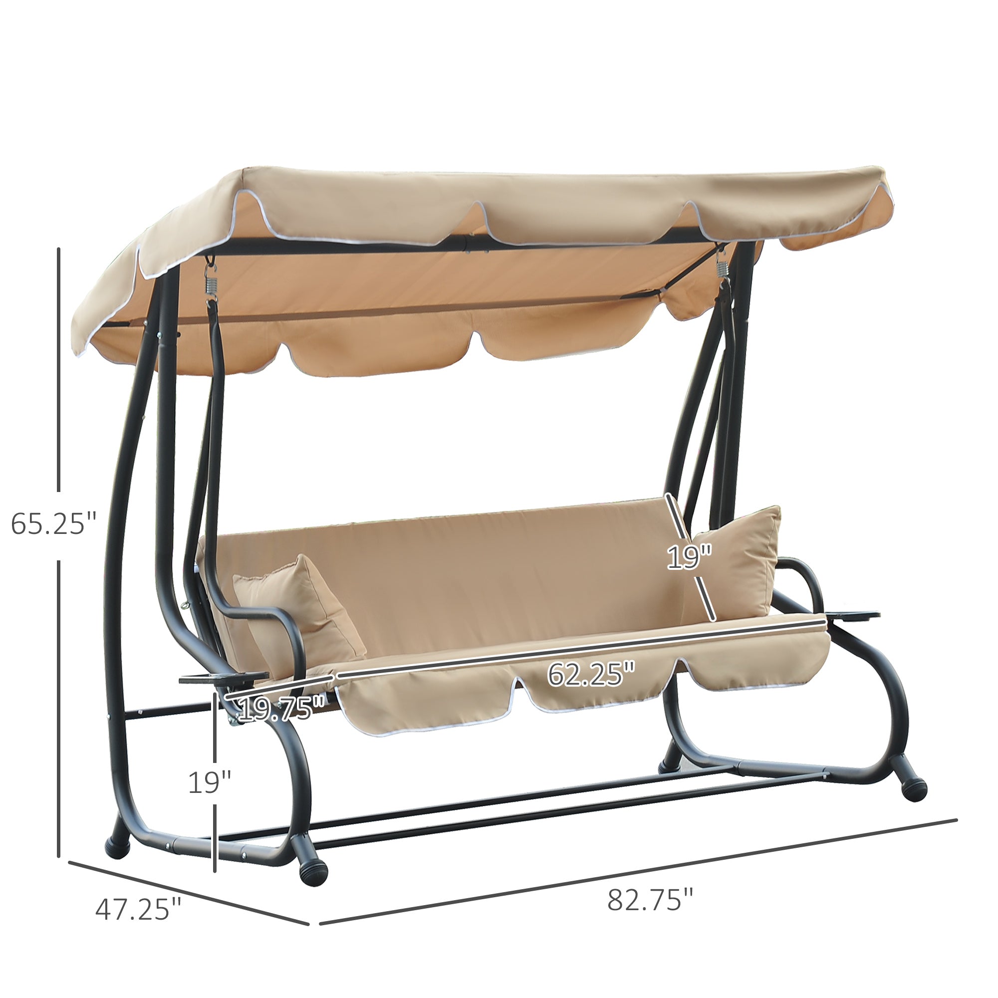 Outsunny 3-Seat Outdoor Patio Swing Chair, Converting Flat Bed, Canopy Swing with Adjustable Shade, Removable Cushions, Cup Holder, Beige