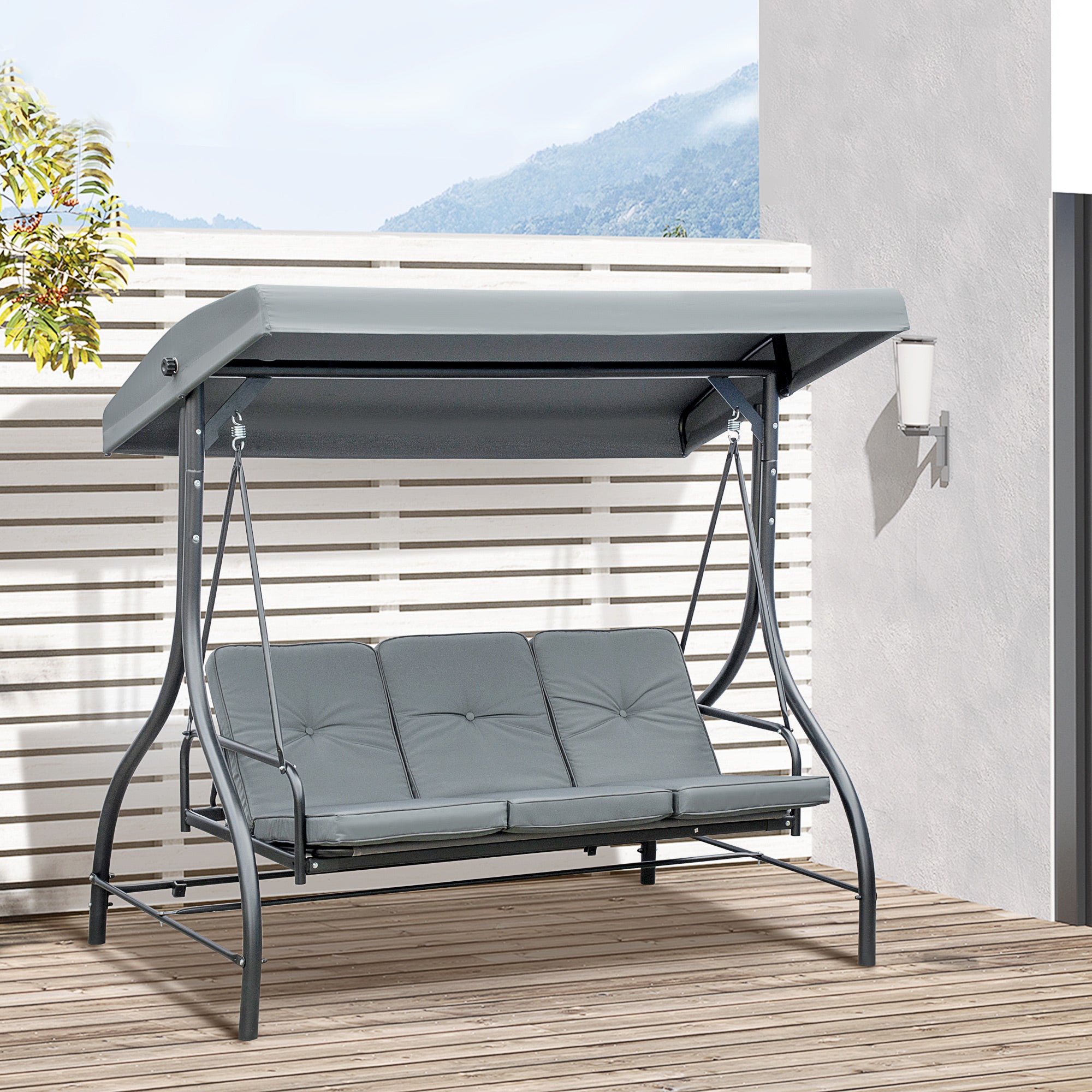 Outsunny Convertible Patio Swing Bed with Canopy and Cushions, 3 Seater Porch Swing for Outdoor, Backyard, Garden, Dark Grey