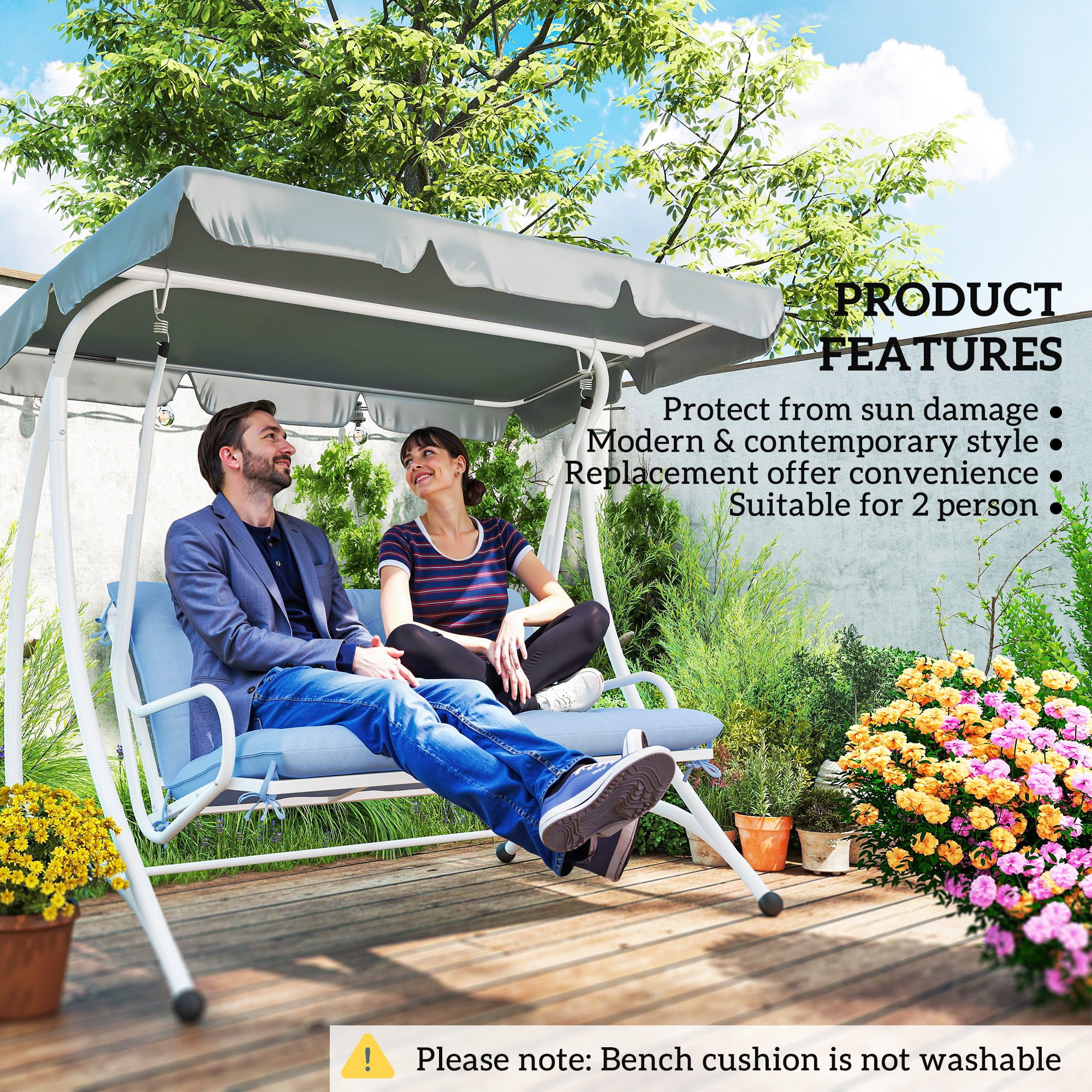 Outsunny 2 Seater Garden Bench Cushion, Thick Outdoor Non-Slip 2 Seater Soft Pad With Backrest for Garden Patio, 47" x 43" x 5", Light Blue