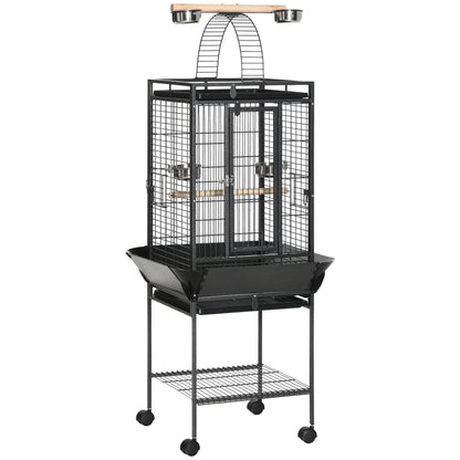PawHut 61.5 Inch Bird Cage Parakeet House for Cockatiel with Stand, Pull Out Tray, Play Top, Storage Shelf, Wood Perch, Food Container