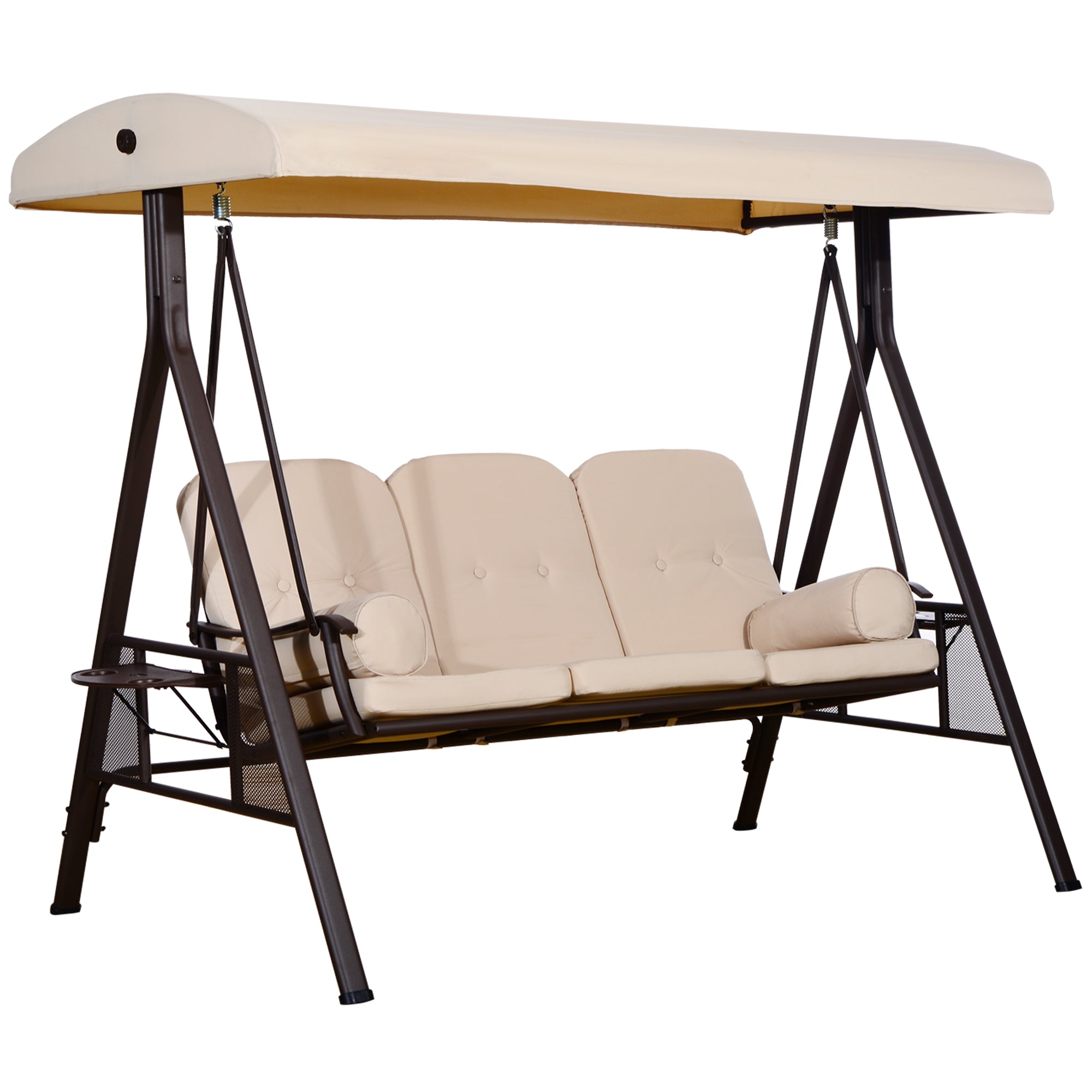 Outsunny 3 Seater Heavy Duty Swing Chair Outdoor Lounge Hammock Cushioned Seat W/ Tilt Canopy, Beige