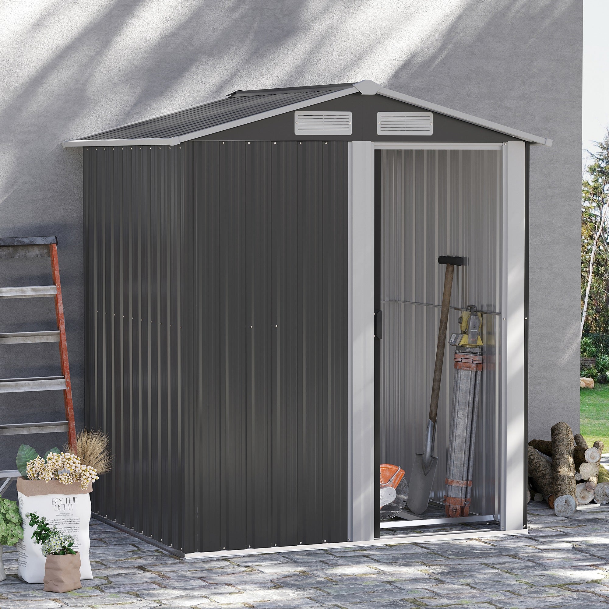 Outsunny 5ft x 4ft Garden Metal Storage Shed, Tool Storage Shed with Top Vents, Sliding Door, Sloped Roof and Foundation Kit for Garden, Patio, Lawn, Dark Grey