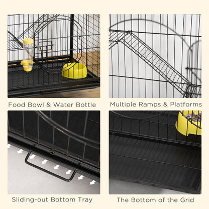 PawHut Rolling Small Animal Cage 36.6" Pet Rabbit Ferret Playpen, Animal Supply Kit Metal Black for Bunny, Pet Mink, Chinchilla