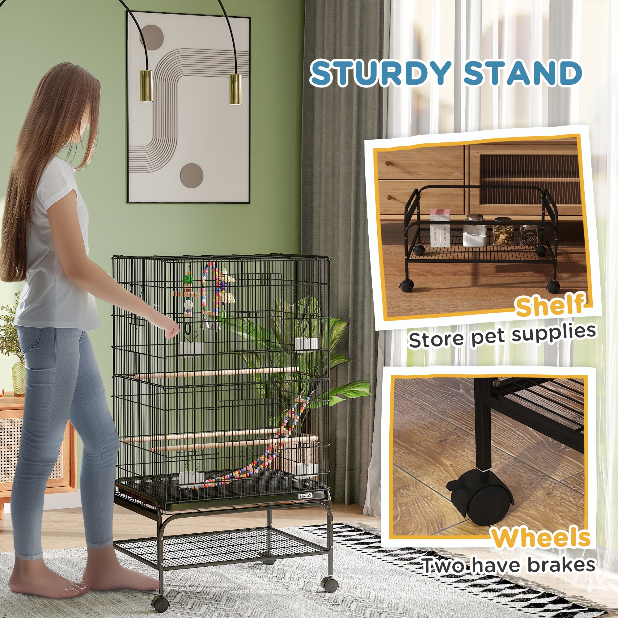 PawHut 43" Bird Cage with Rolling Stand, Toys, for Budgies Canaries Black