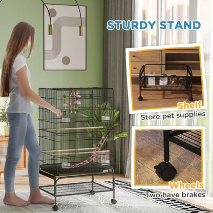PawHut 43" Bird Cage with Rolling Stand, Toys, for Budgies Canaries Black