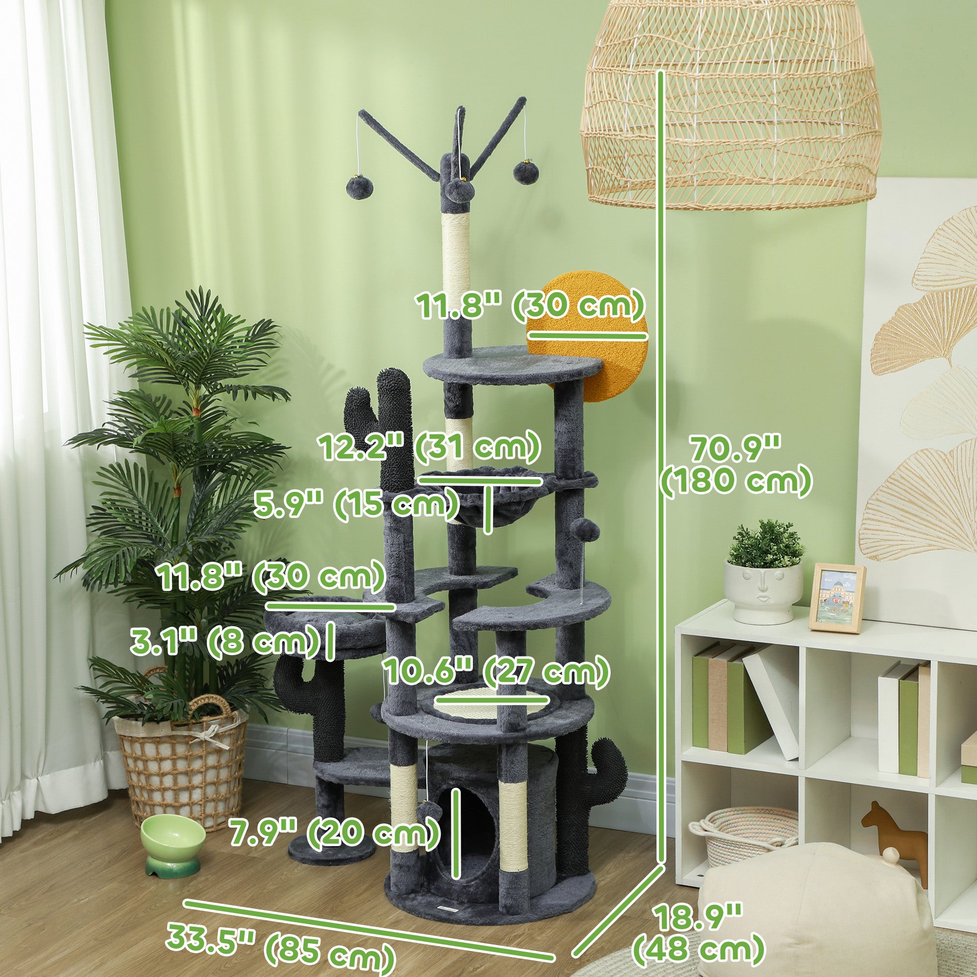 PawHut 71" Cat Tree, Cat Tower with Scratching Posts, Sisal Pad, Cat Condo, Bed, Hammock, Platforms, Toy Balls, Dark Grey