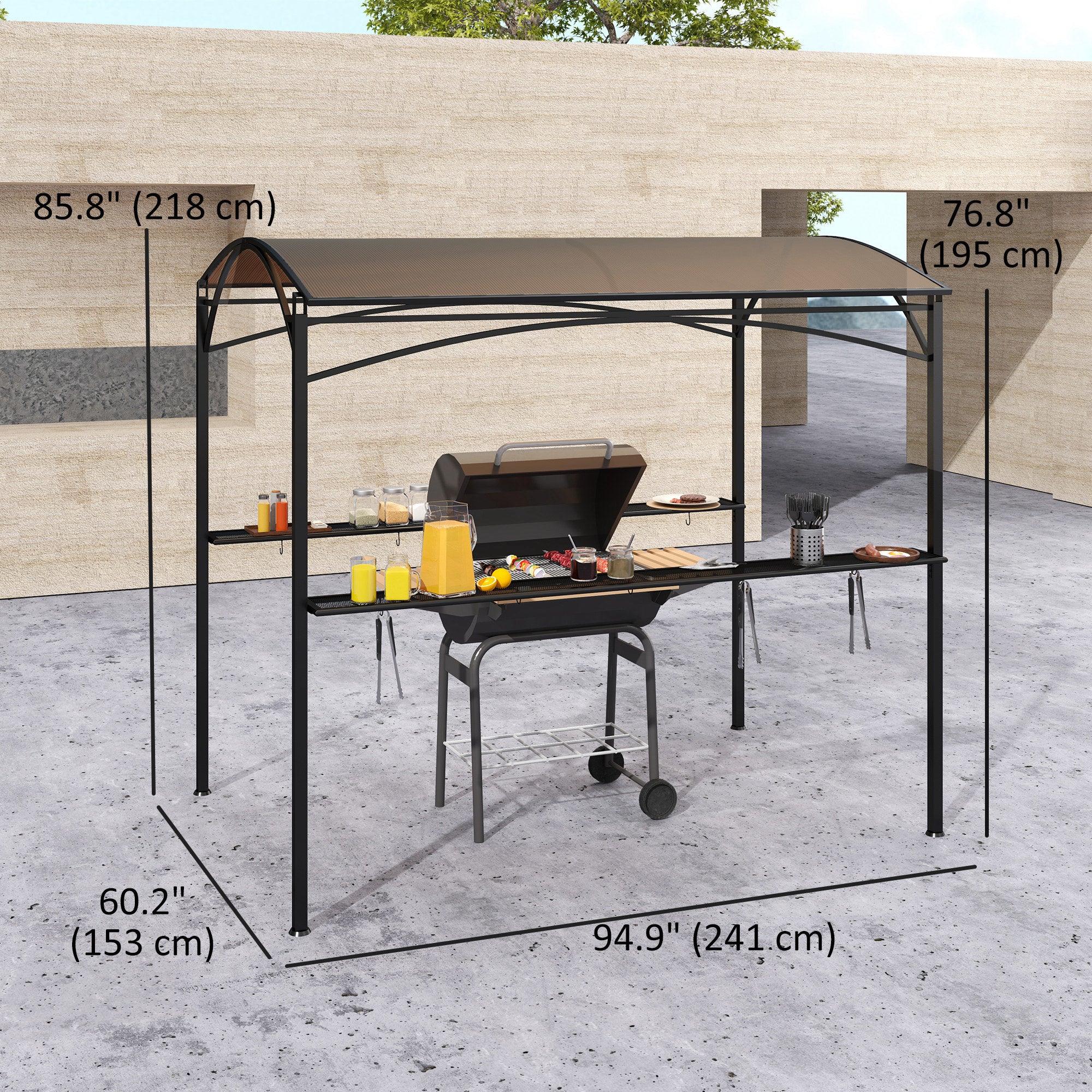 Outsunny 8' x 5' Hardtop Grill Gazebo, Outdoor BBQ Gazebo with PC Board Roof, BBQ Canopy Gazebo with 2 Side Shelves and 10 Hooks