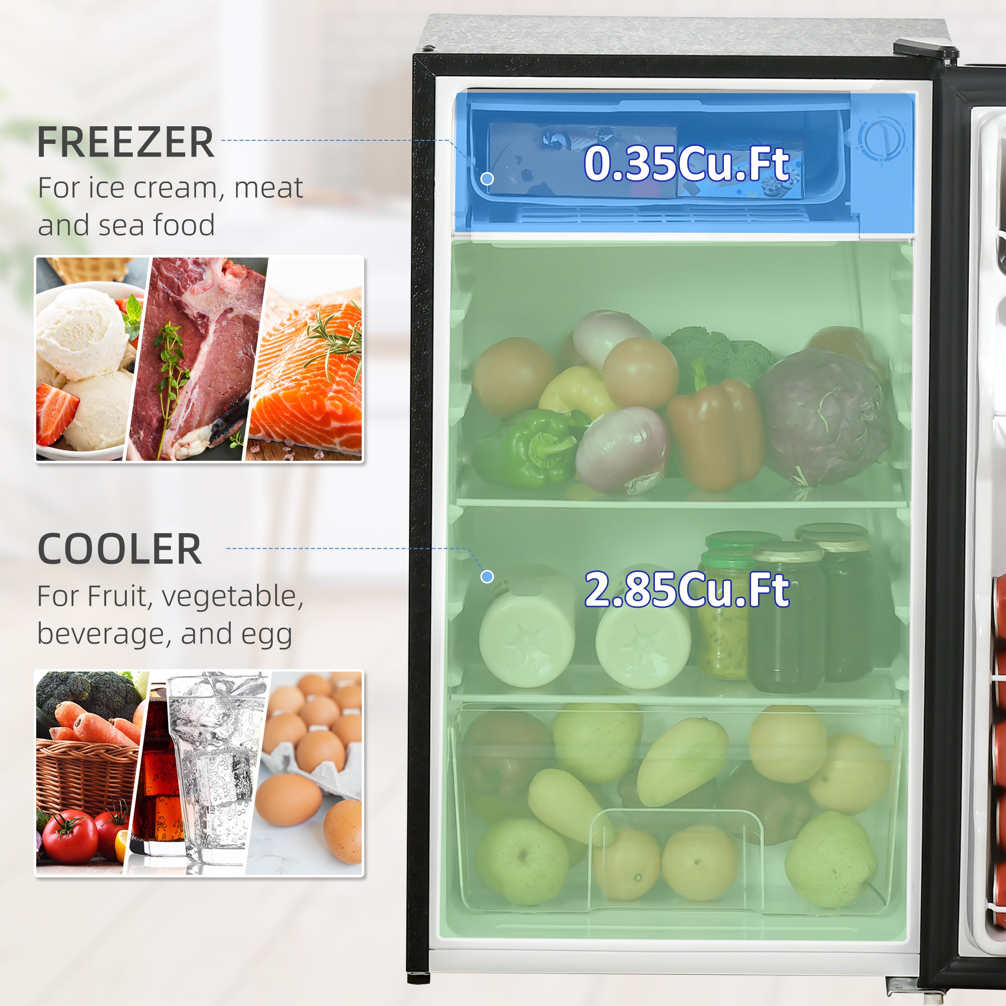HOMCOM Compact Refrigerator, Mini Fridge with Freezer, Adjustable Shelf, Mechanical Thermostat and Reversible Door, Black