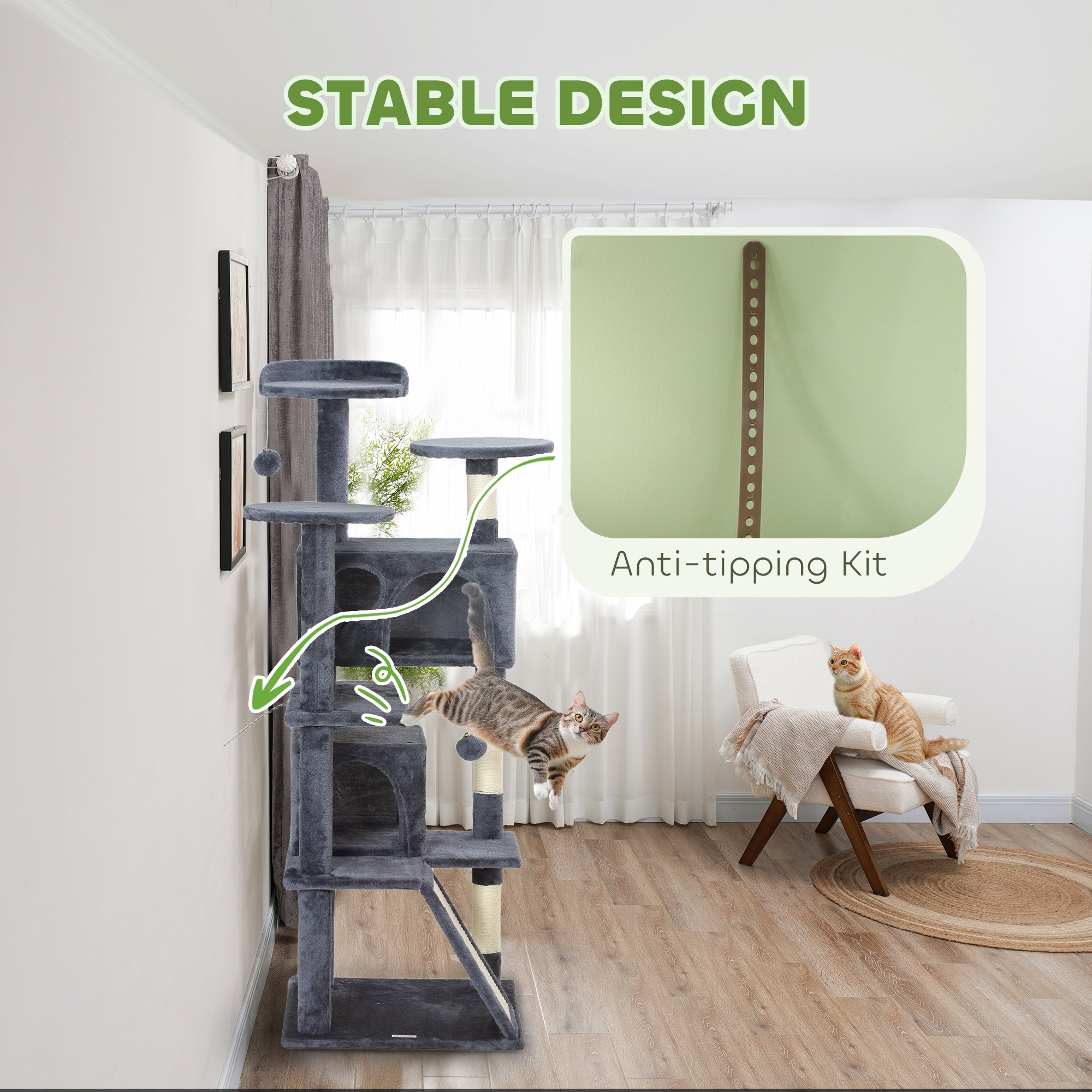 PawHut 54" Cat Tree, Multi-Level Cat Tower with Scratching Posts, Cat Condos, Bed, Platforms, Ramp, Toy Ball, Dark Grey