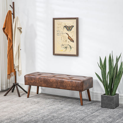 HOMCOM Bedroom Bench, End of Bed Bench with Button Tufted, PU Leather Upholstered Entryway Bench with Wood Legs, Brown