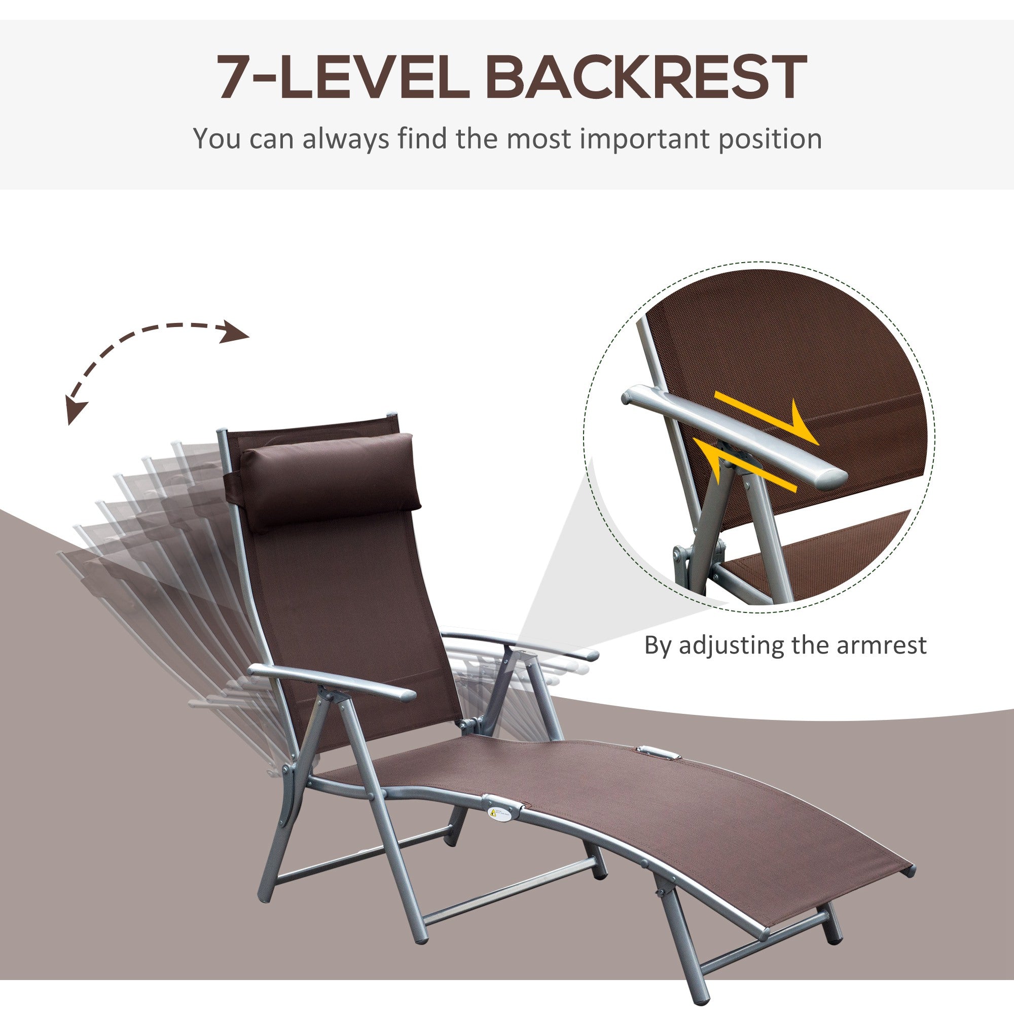 Outsunny Heavy-duty Adjustable Folding Reclining Chair Outdoor Sun Lounger Patio Chaise Lounge Garden Beach Gravity Lounge with Pillow, 7 Adjustable Backrest Positions, Brown