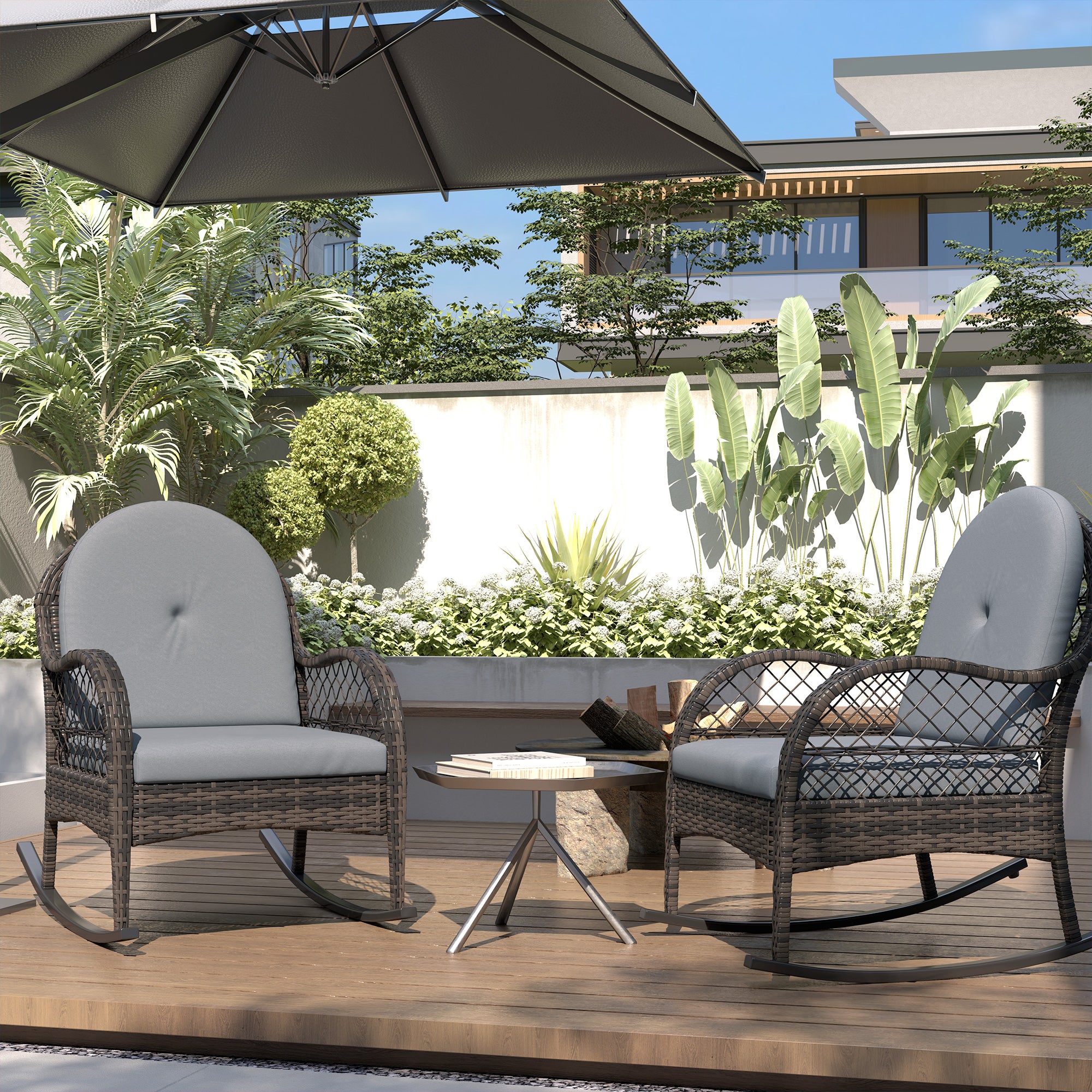 Outsunny 2 Pieces Wicker Rocking Patio Chairs, Indoor Outdoor Rocking Chair Set with Cushions and Armrests for Porch, Grey